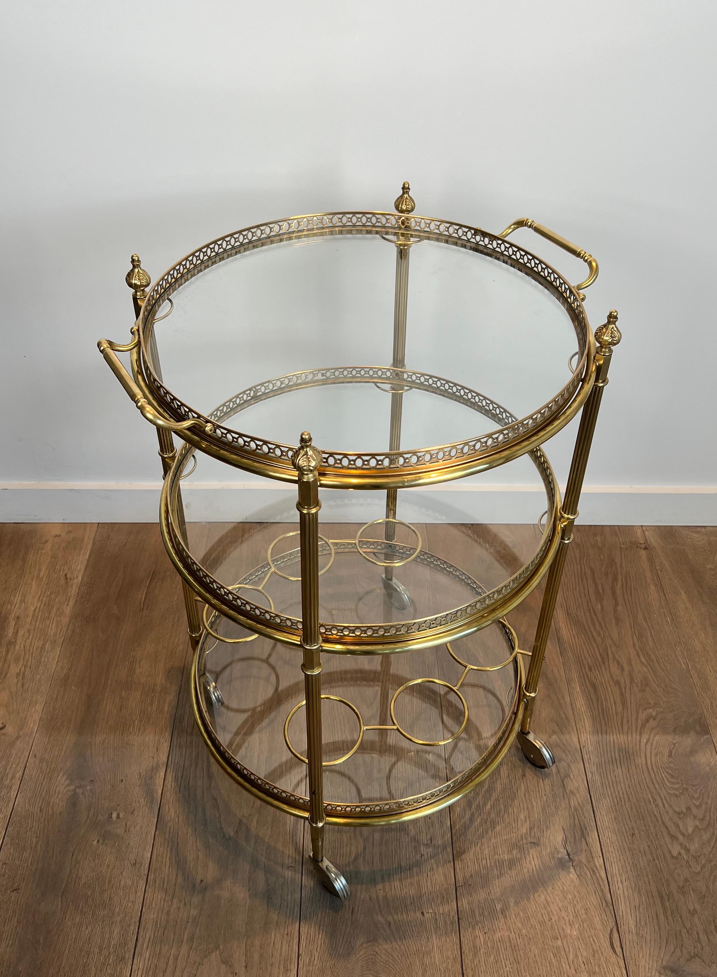 Three Tiers Neoclassical Style Round Brass Bar Cart Attributed to Maison Jansen 7