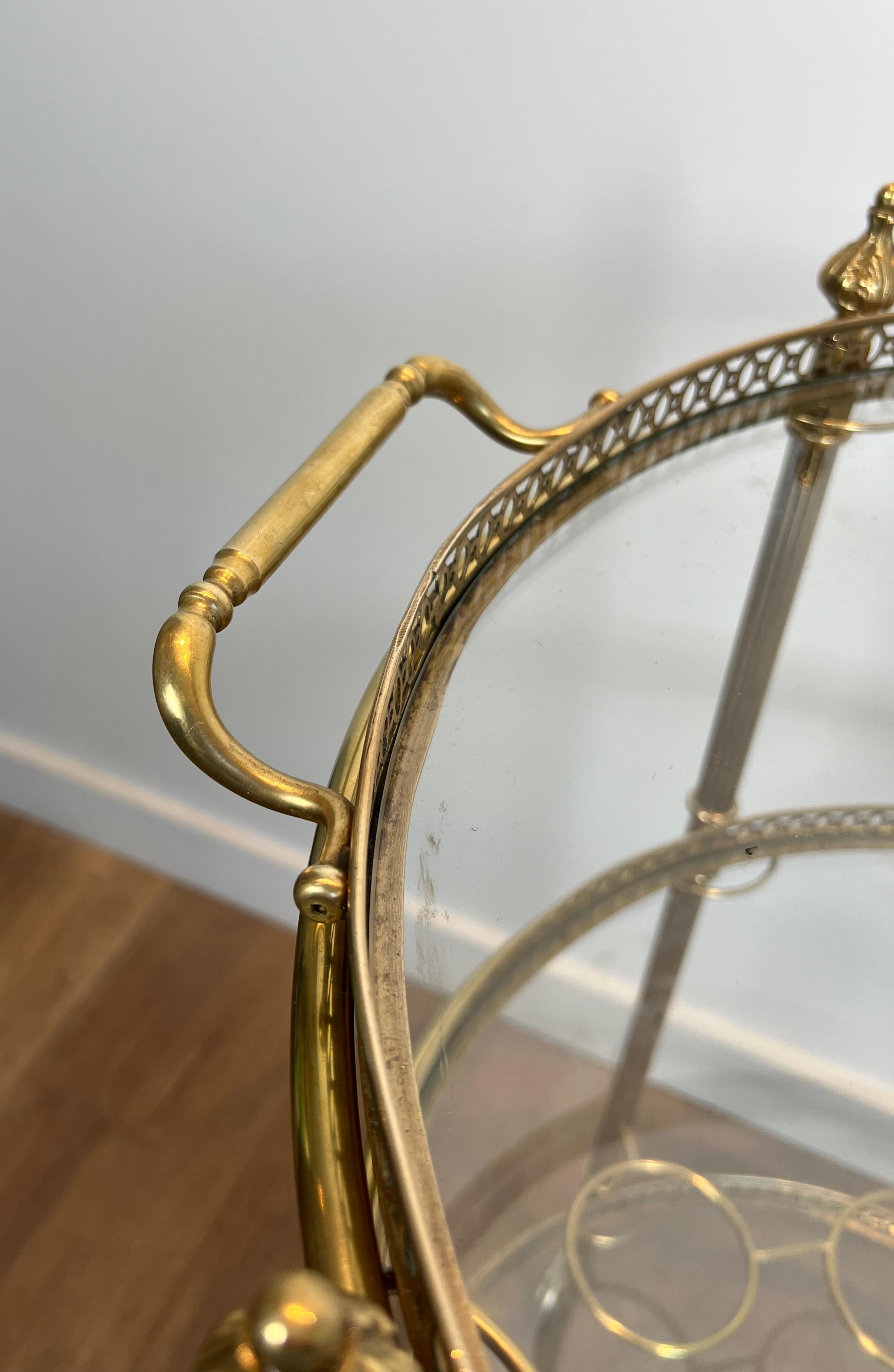 Three Tiers Neoclassical Style Round Brass Bar Cart Attributed to Maison Jansen 9
