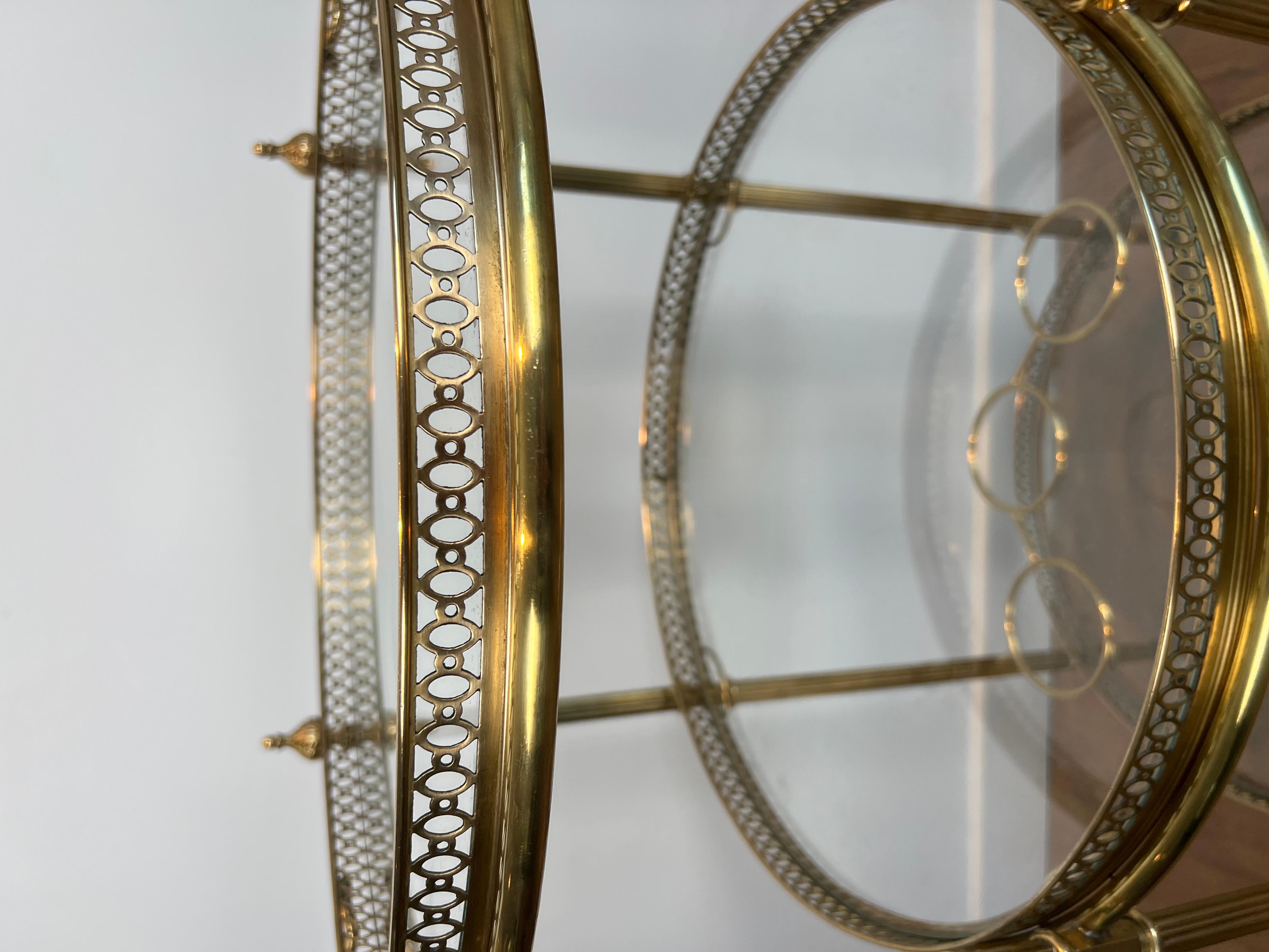 Three Tiers Neoclassical Style Round Brass Bar Cart Attributed to Maison Jansen 11