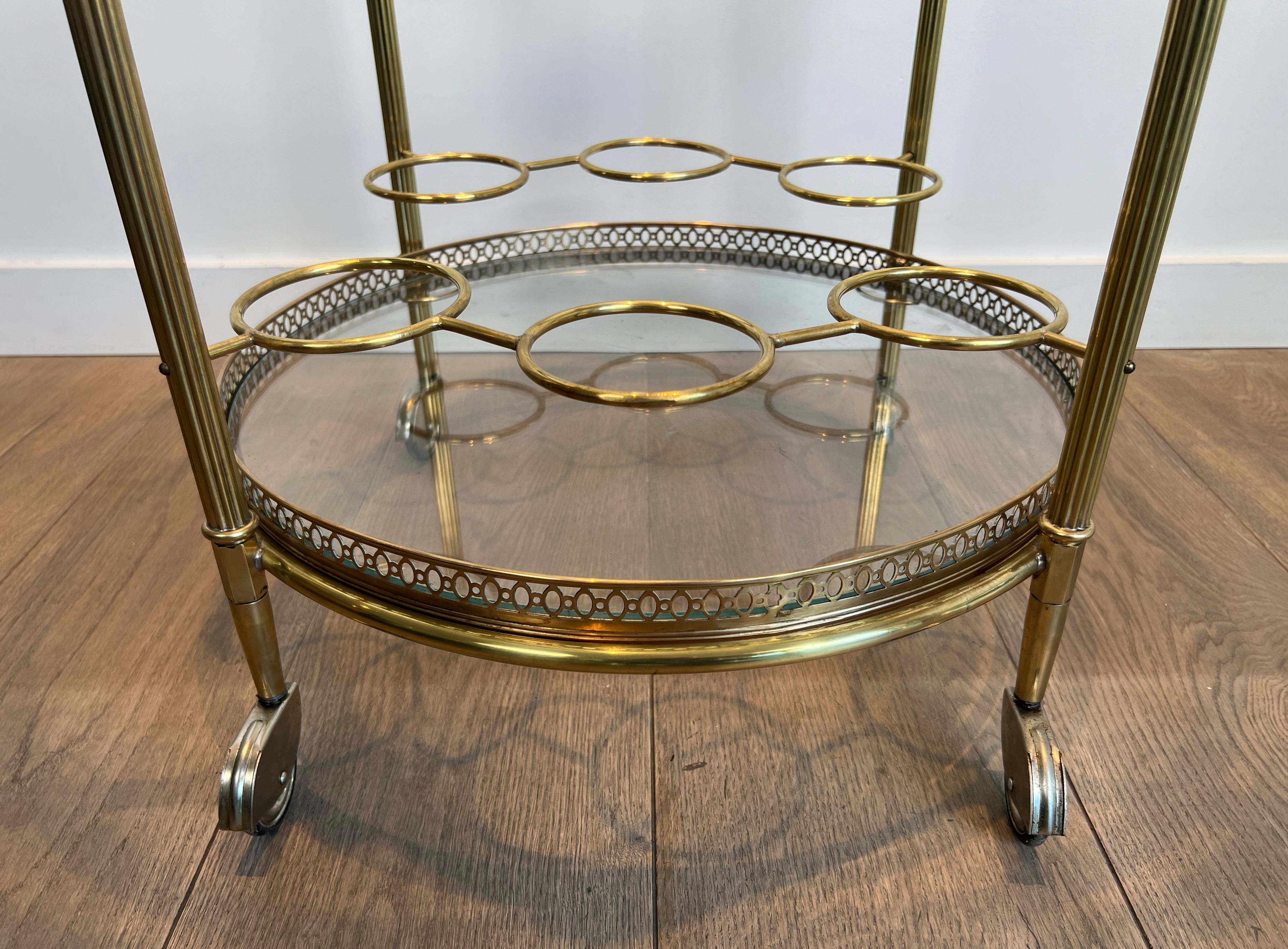 Three Tiers Neoclassical Style Round Brass Bar Cart Attributed to Maison Jansen 12