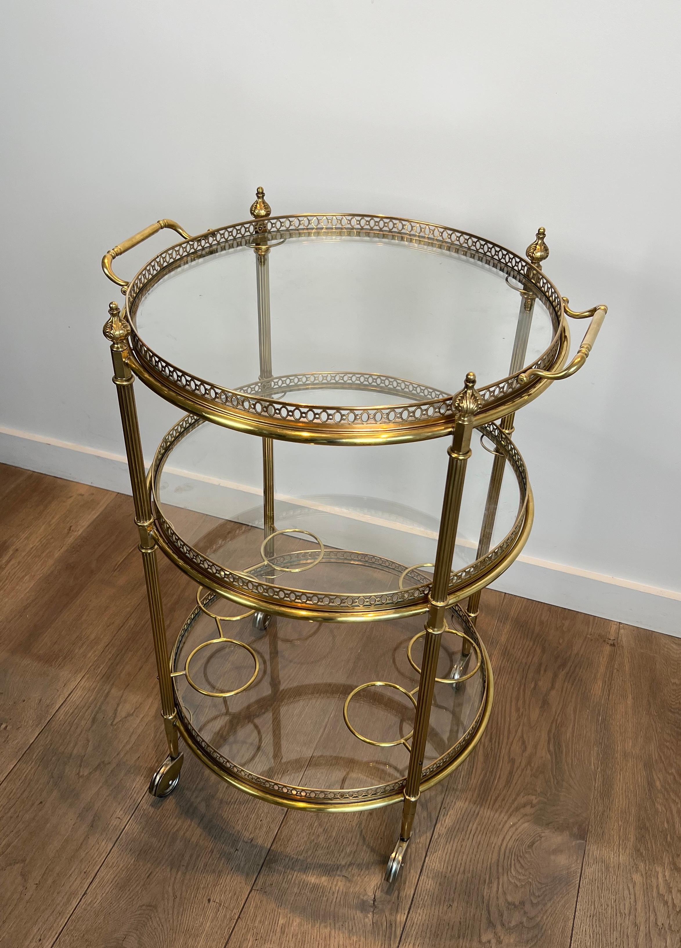 Three Tiers Neoclassical Style Round Brass Bar Cart Attributed to Maison Jansen 15