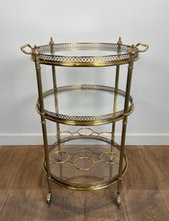 Three Tiers Neoclassical Style Round Brass Bar Cart Attributed to Maison Jansen