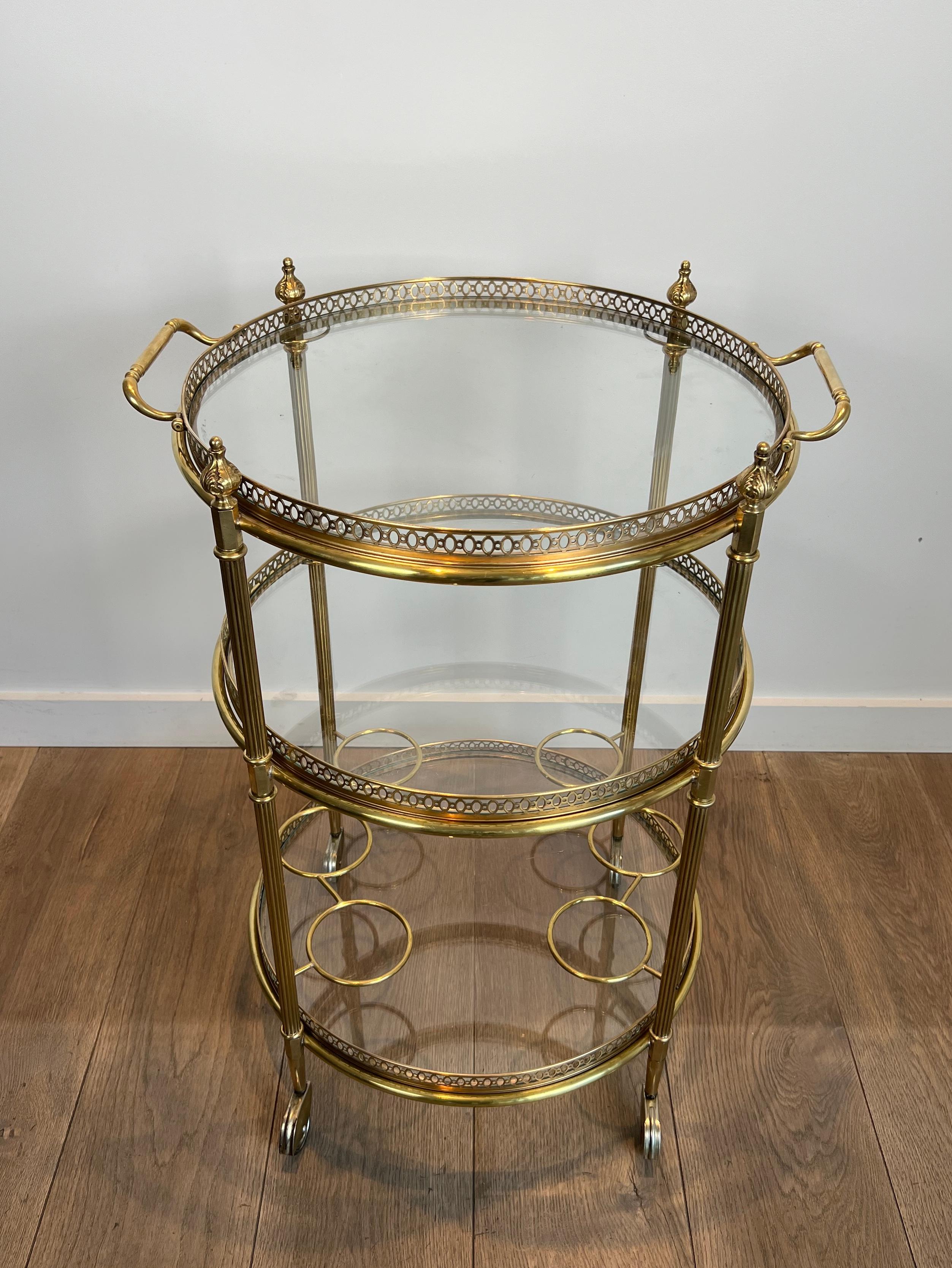 Three Tiers Neoclassical Style Round Brass Bar Cart Attributed to Maison Jansen 16