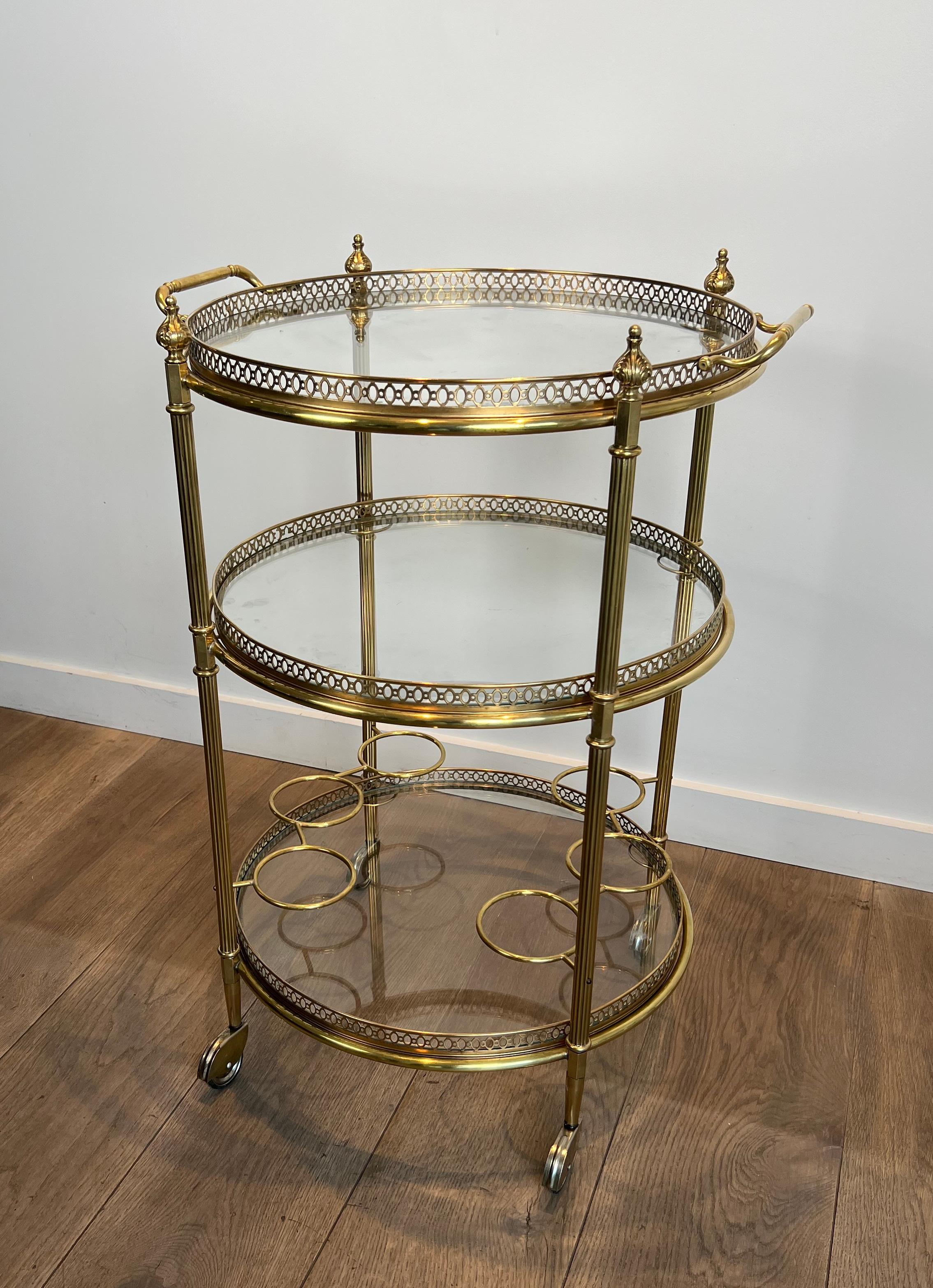 Mid-20th Century Three Tiers Neoclassical Style Round Brass Bar Cart Attributed to Maison Jansen
