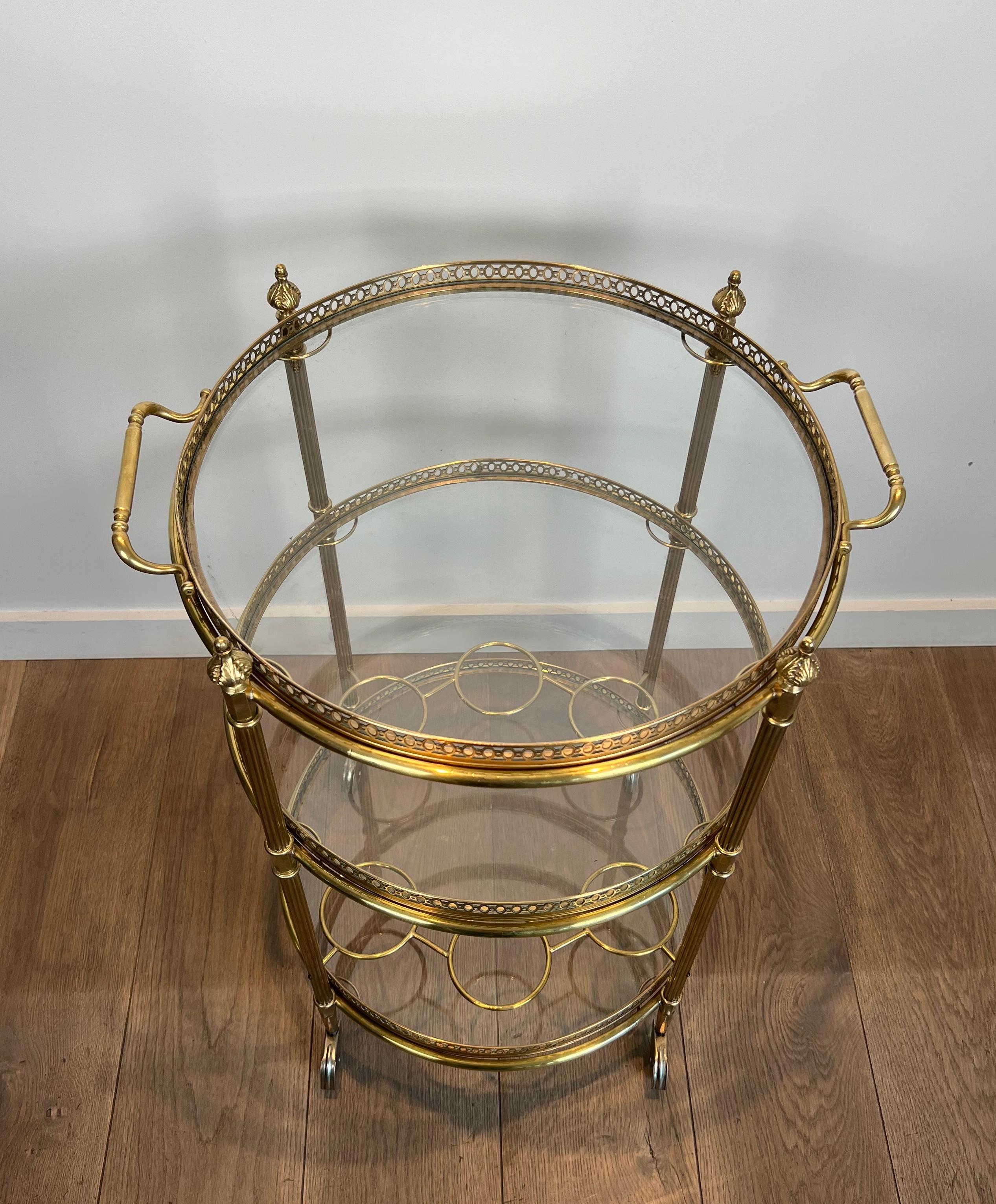 Three Tiers Neoclassical Style Round Brass Bar Cart Attributed to Maison Jansen 1