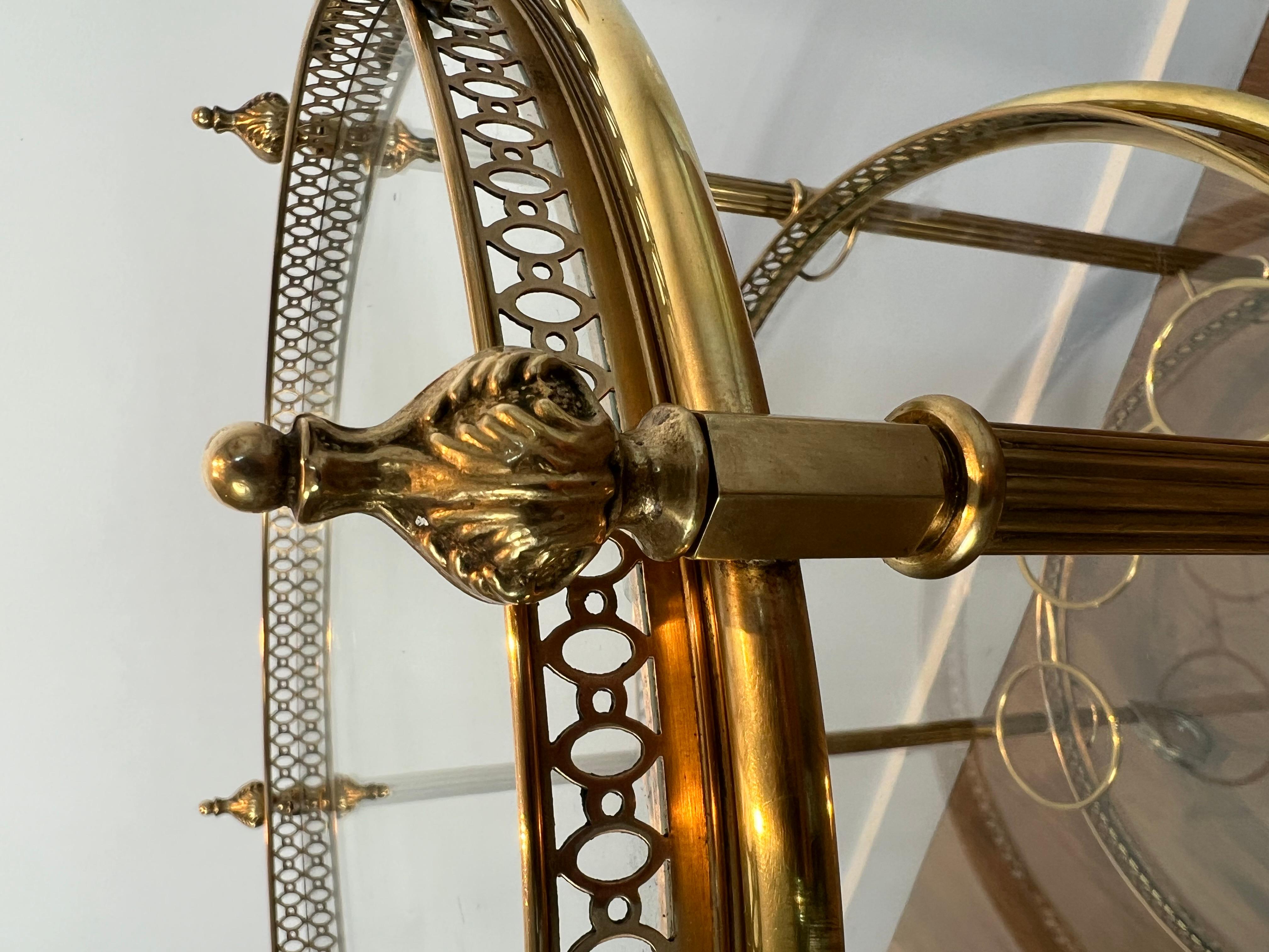Three Tiers Neoclassical Style Round Brass Bar Cart Attributed to Maison Jansen 4