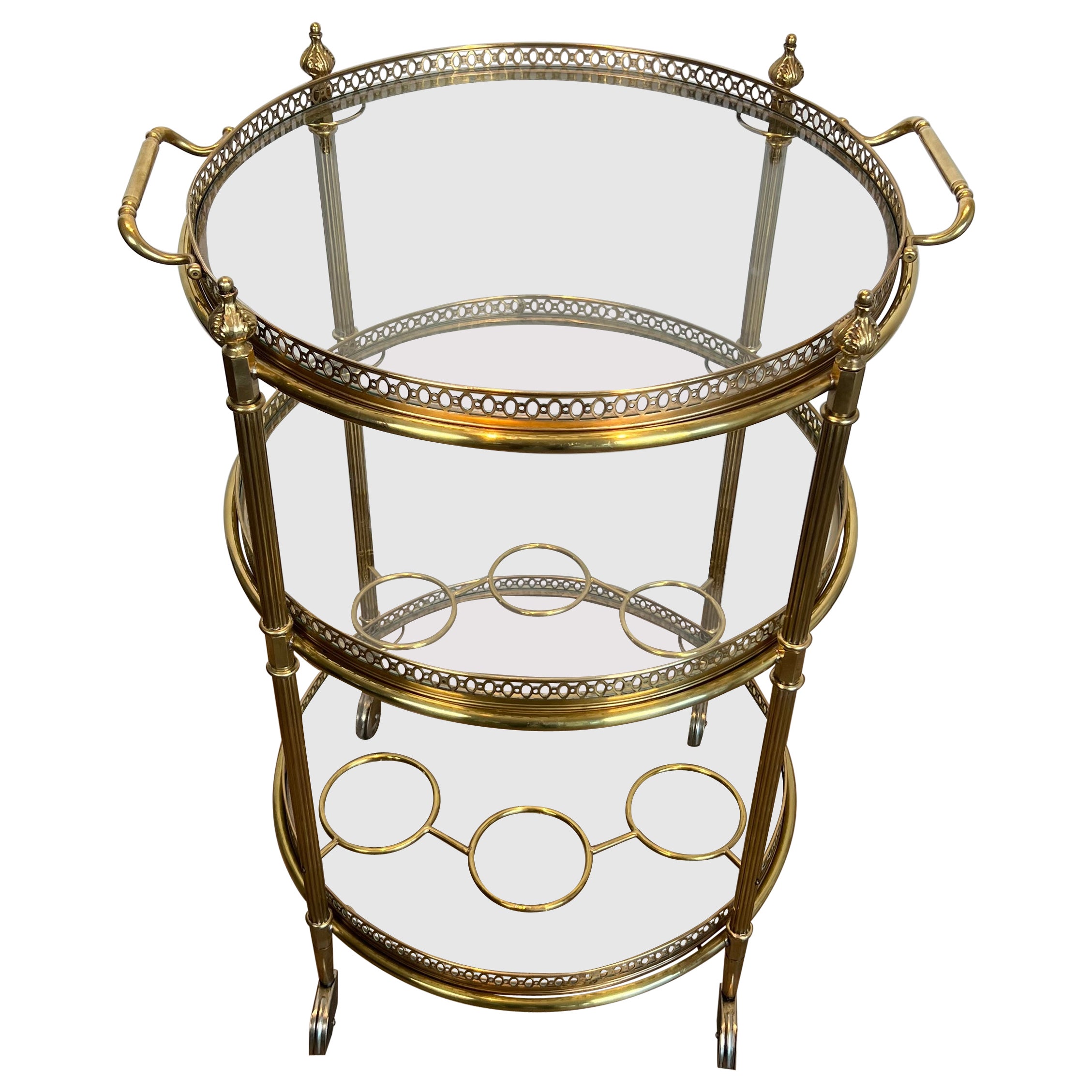 Three Tiers Neoclassical Style Round Brass Bar Cart Attributed to Maison Jansen
