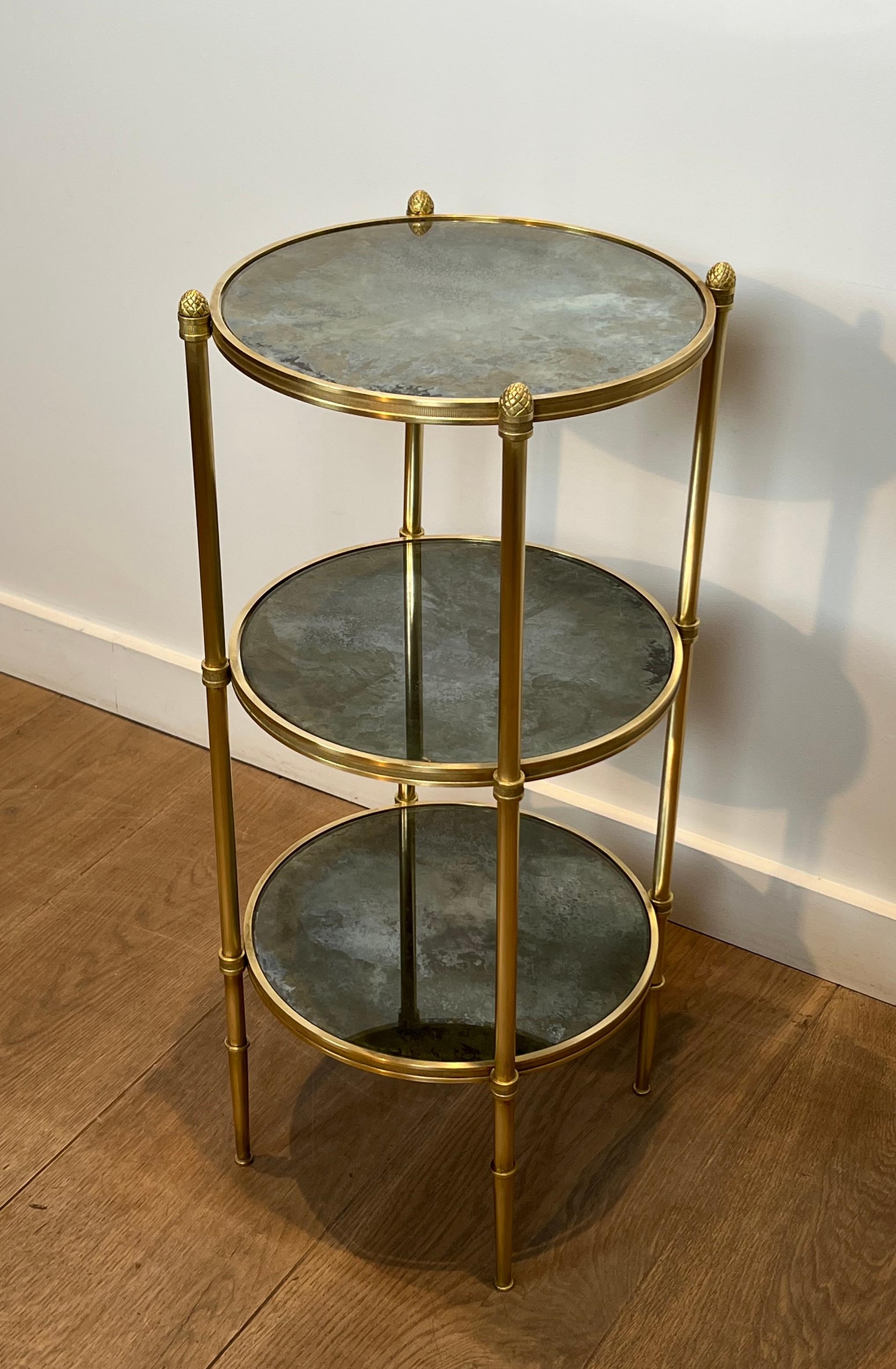 Neoclassical Three Tiers Round Gueridon with Eglomized Mirror Tops by Maison Baguès For Sale