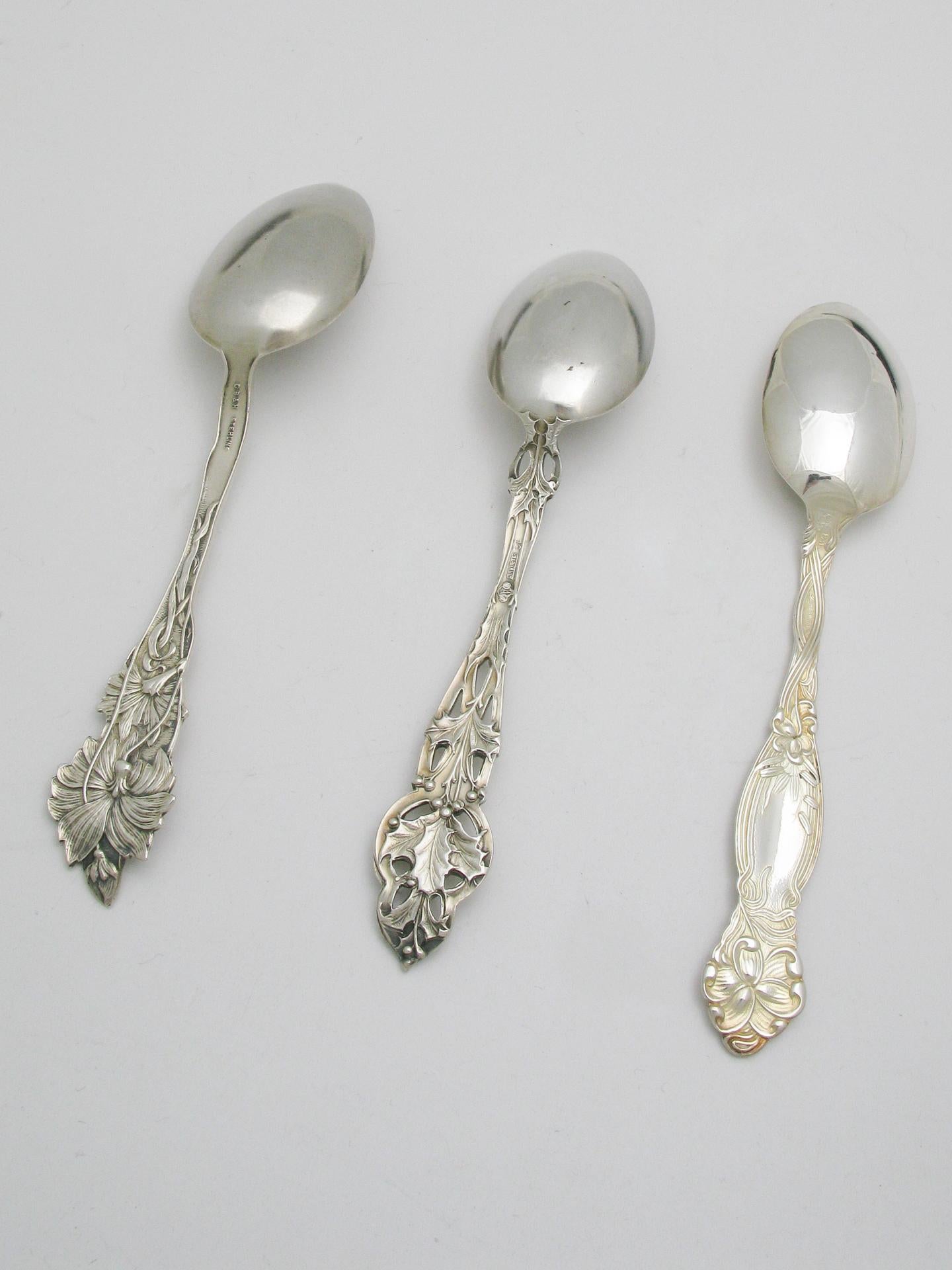 Aesthetic Movement Three Tiffany and Co Sterling Silver Teaspoons with Assorted Decorations For Sale