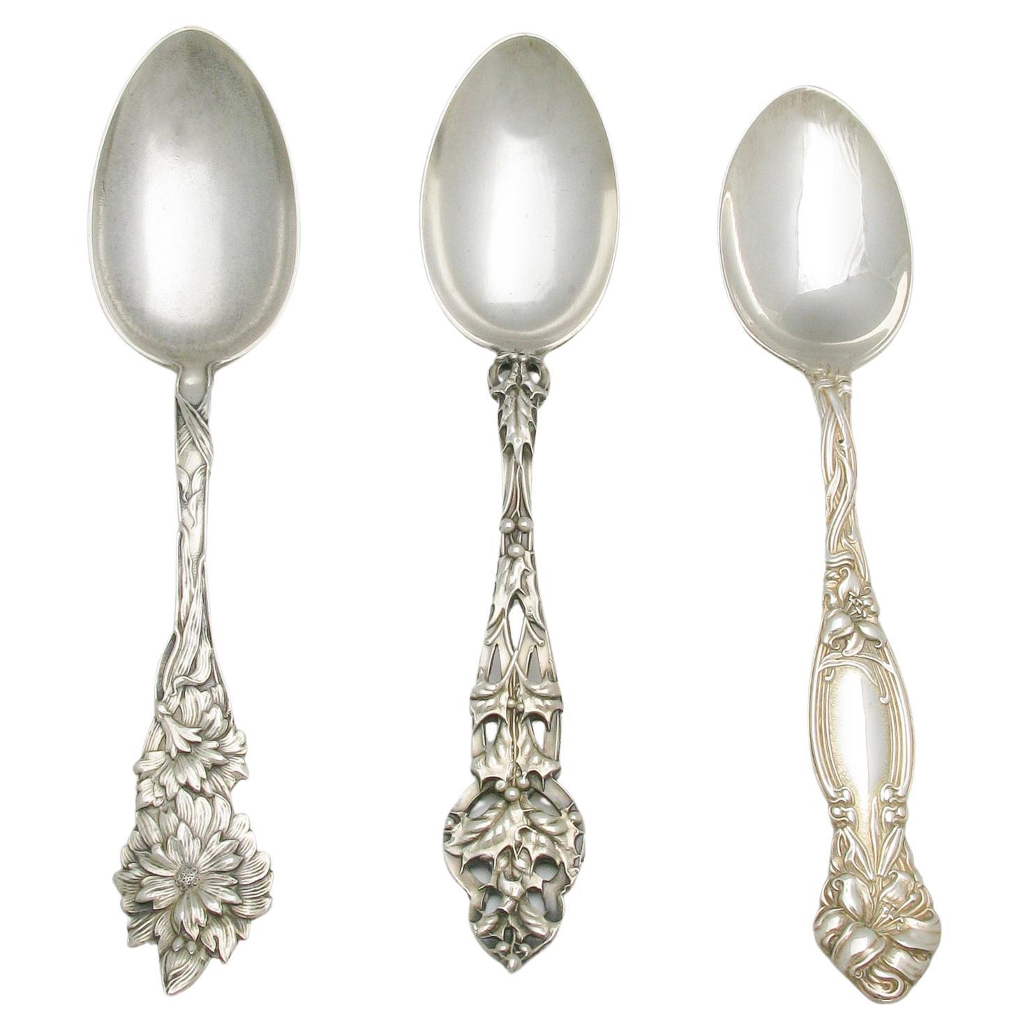 Three Tiffany and Co Sterling Silver Teaspoons with Assorted Decorations For Sale