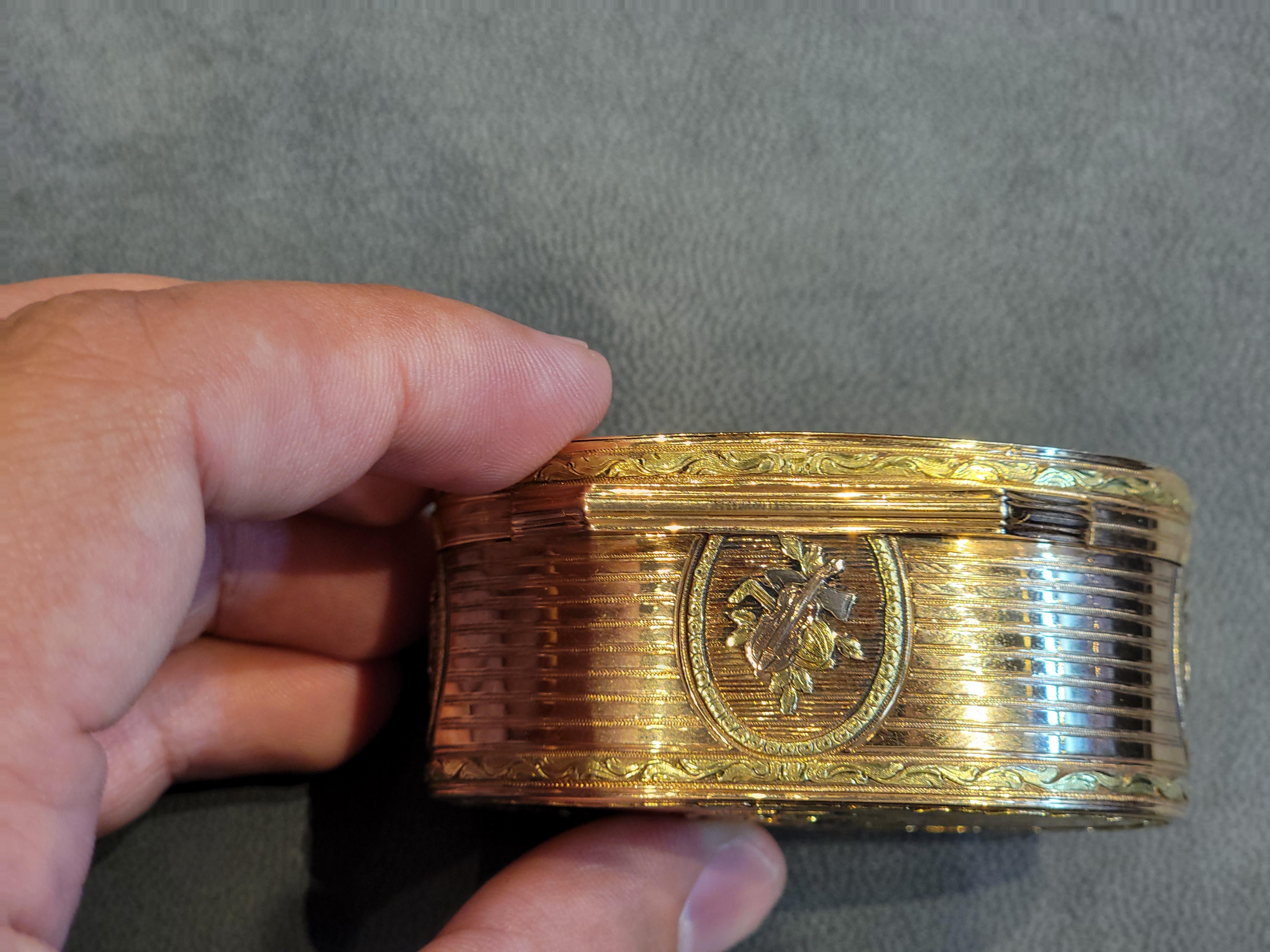 Three-Tone Gold Oval Enamel Snuff Box For Sale 7