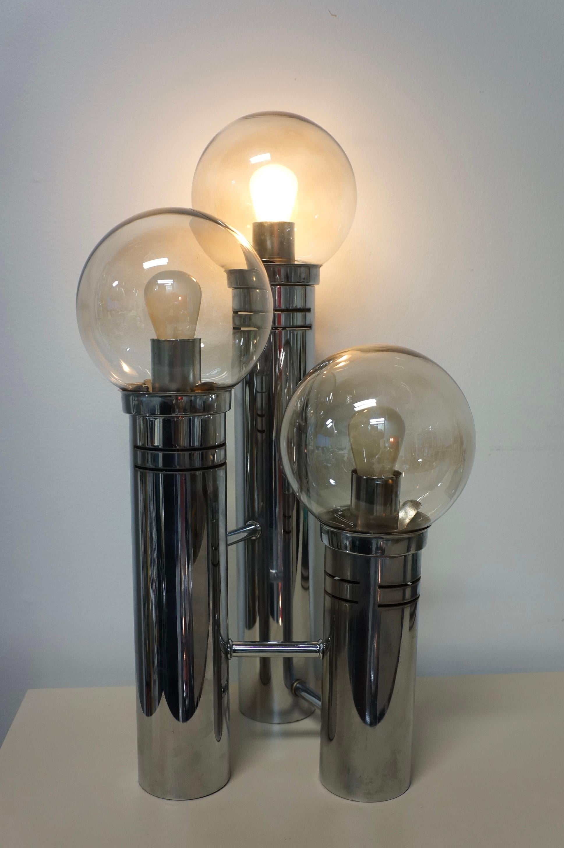 Other Three Transparent Glass Globe And Chrome Tier Table Lamp 