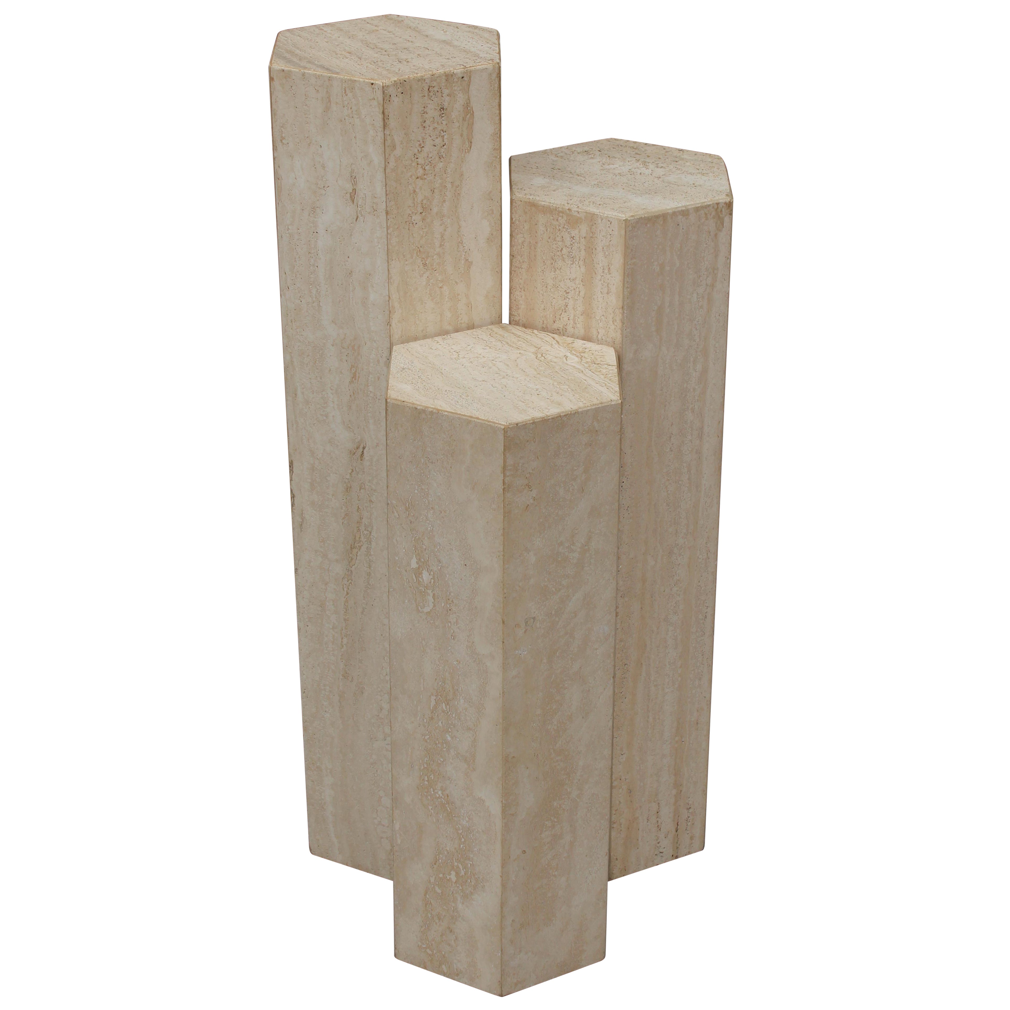 Three Unique Italian Travertine Hexagonal Graduated Pedestals PostModern 1970s
