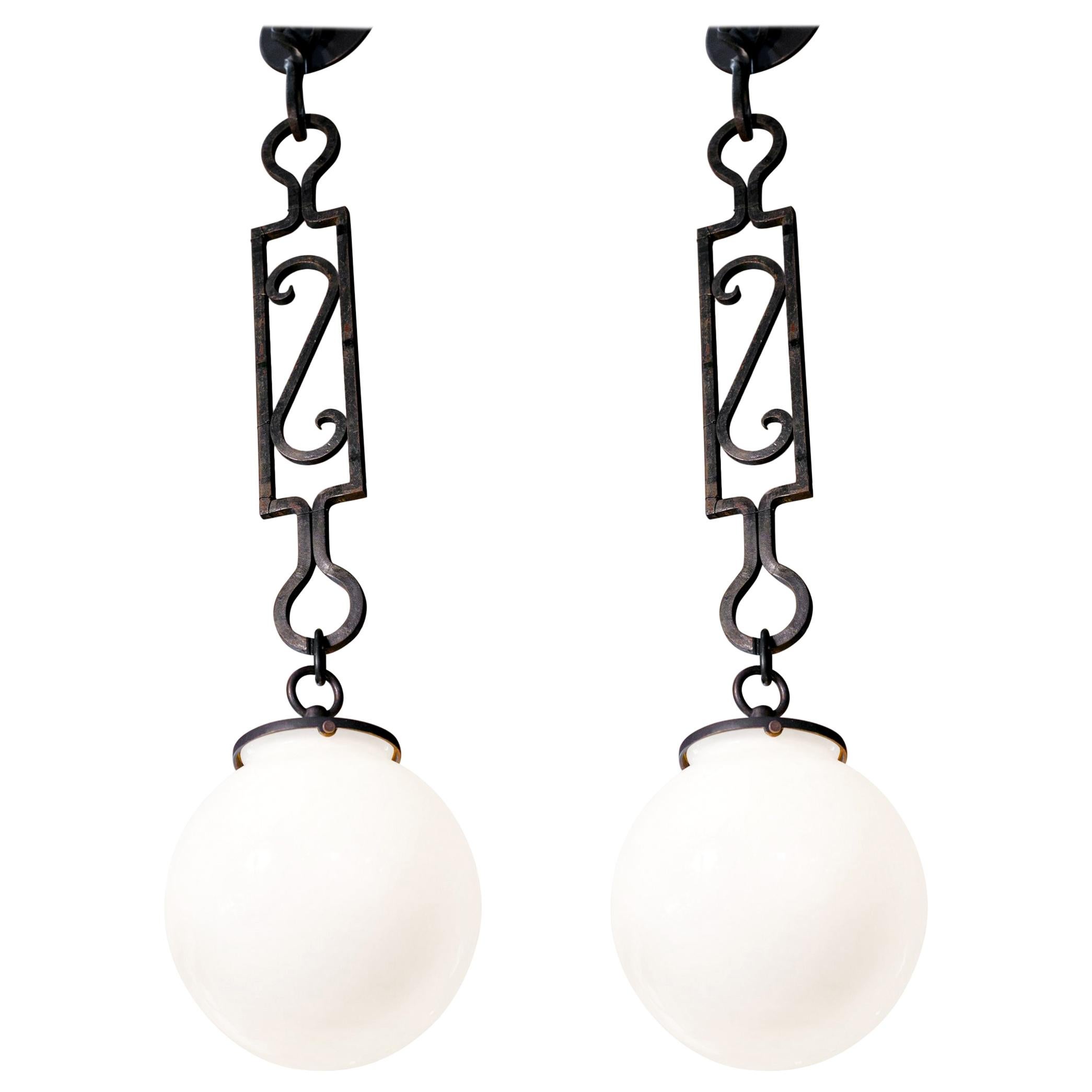 Unusual Art Deco Iron Pendants with Opaline Glass Globe