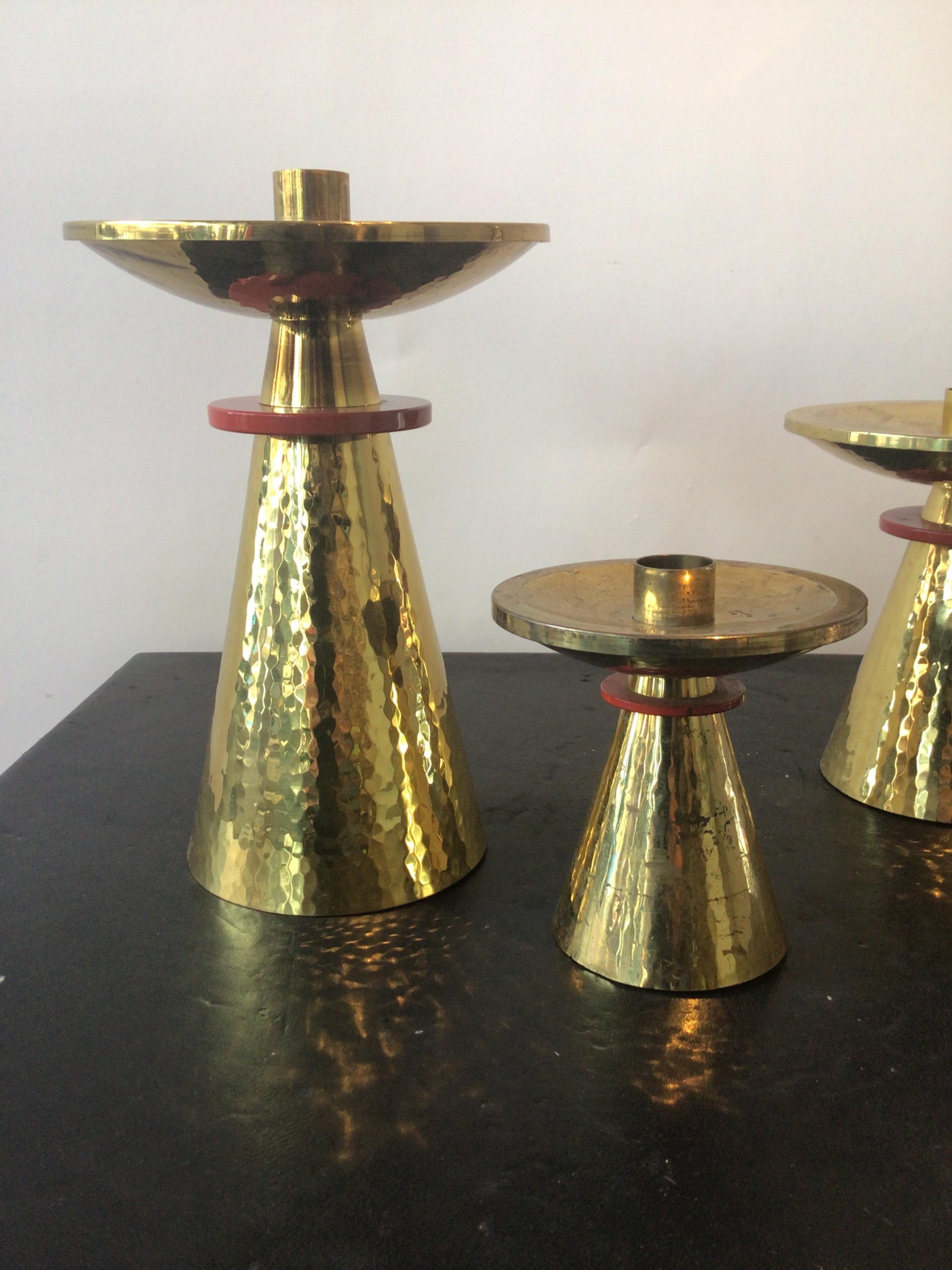 Mid-20th Century Three Varied Height 1960s Swiss Brass Candlesticks For Sale