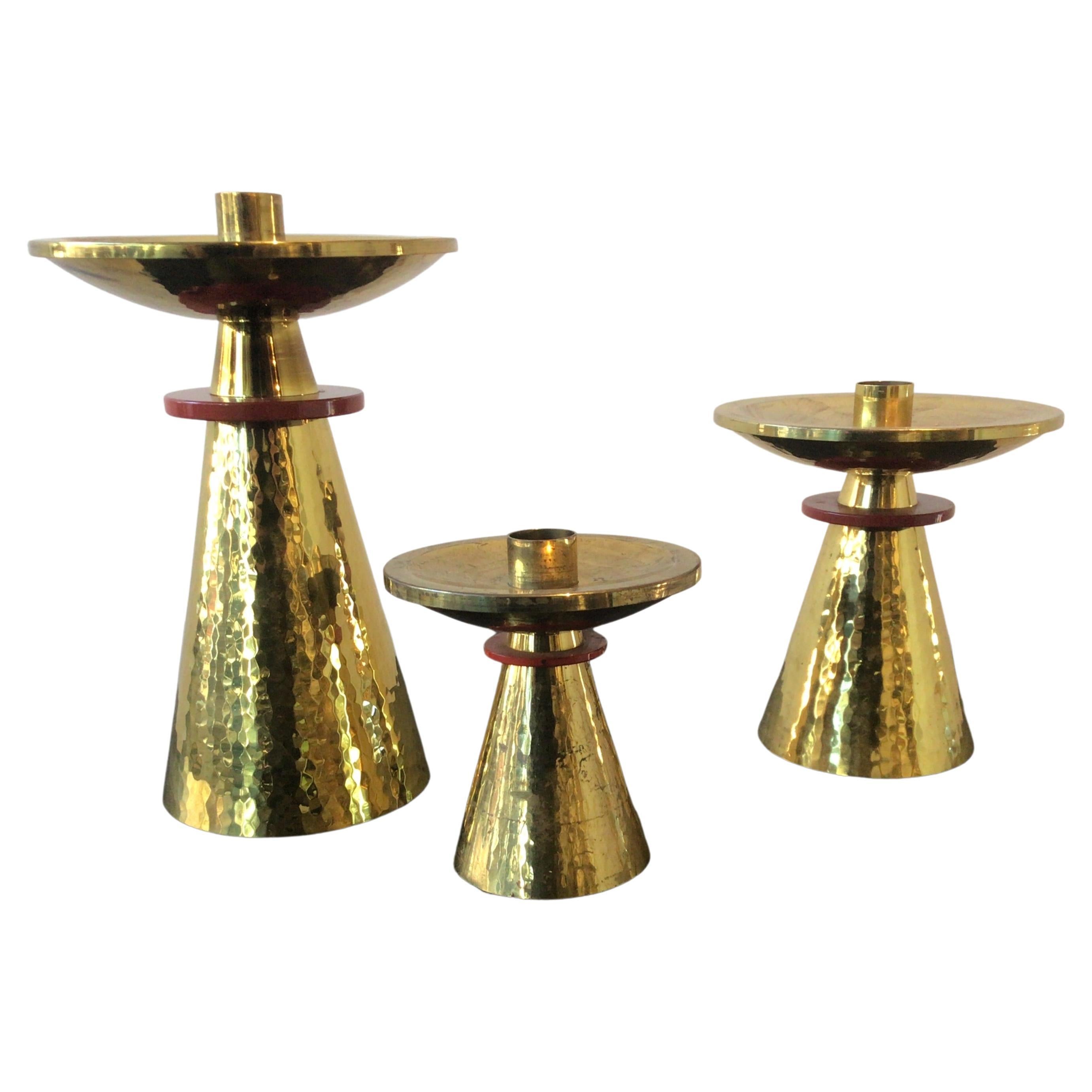 Three Varied Height 1960s Swiss Brass Candlesticks For Sale