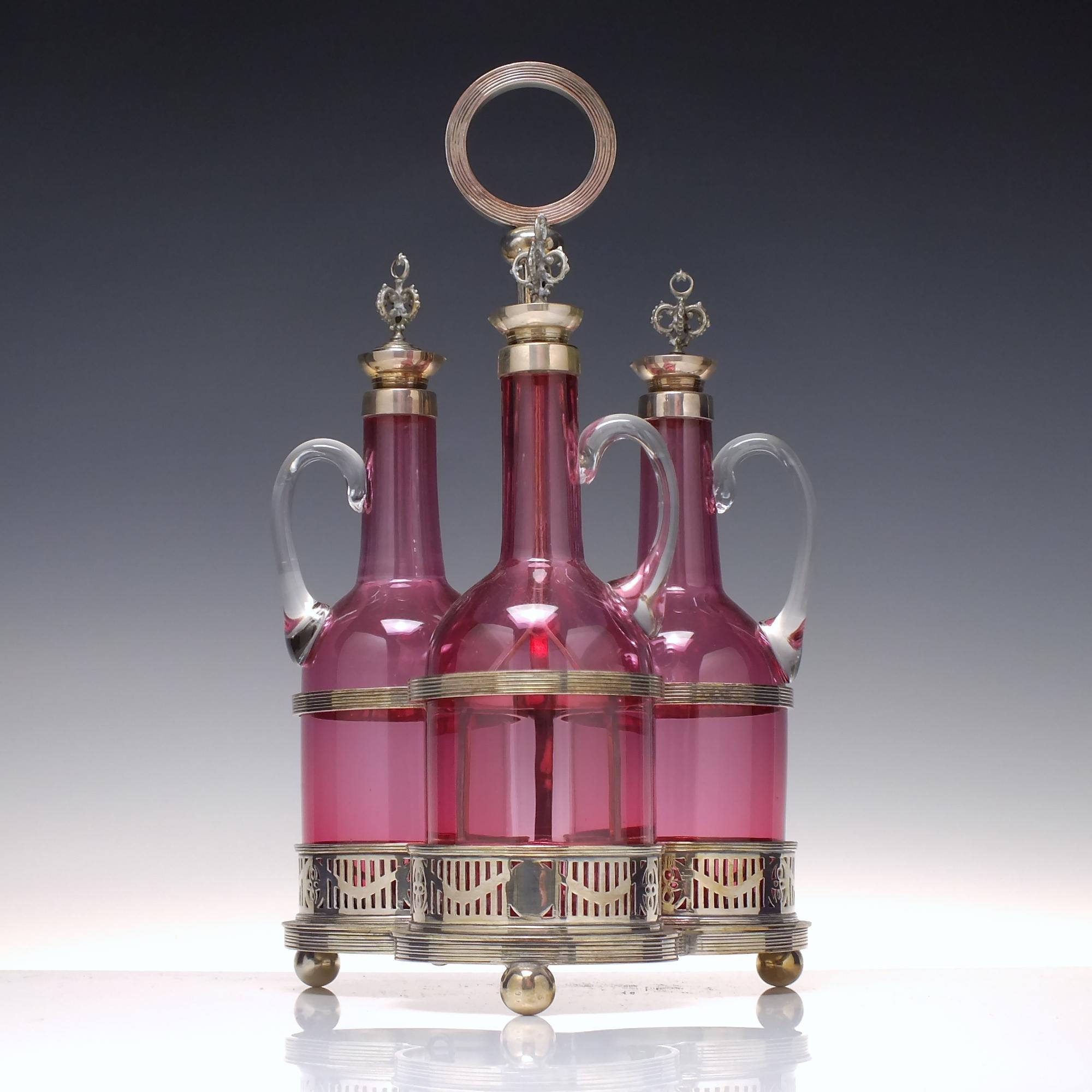 Three Victorian Glass Cranberry Claret Jugs / Decanters in Silver Plated Frame In Good Condition For Sale In Whitburn, GB