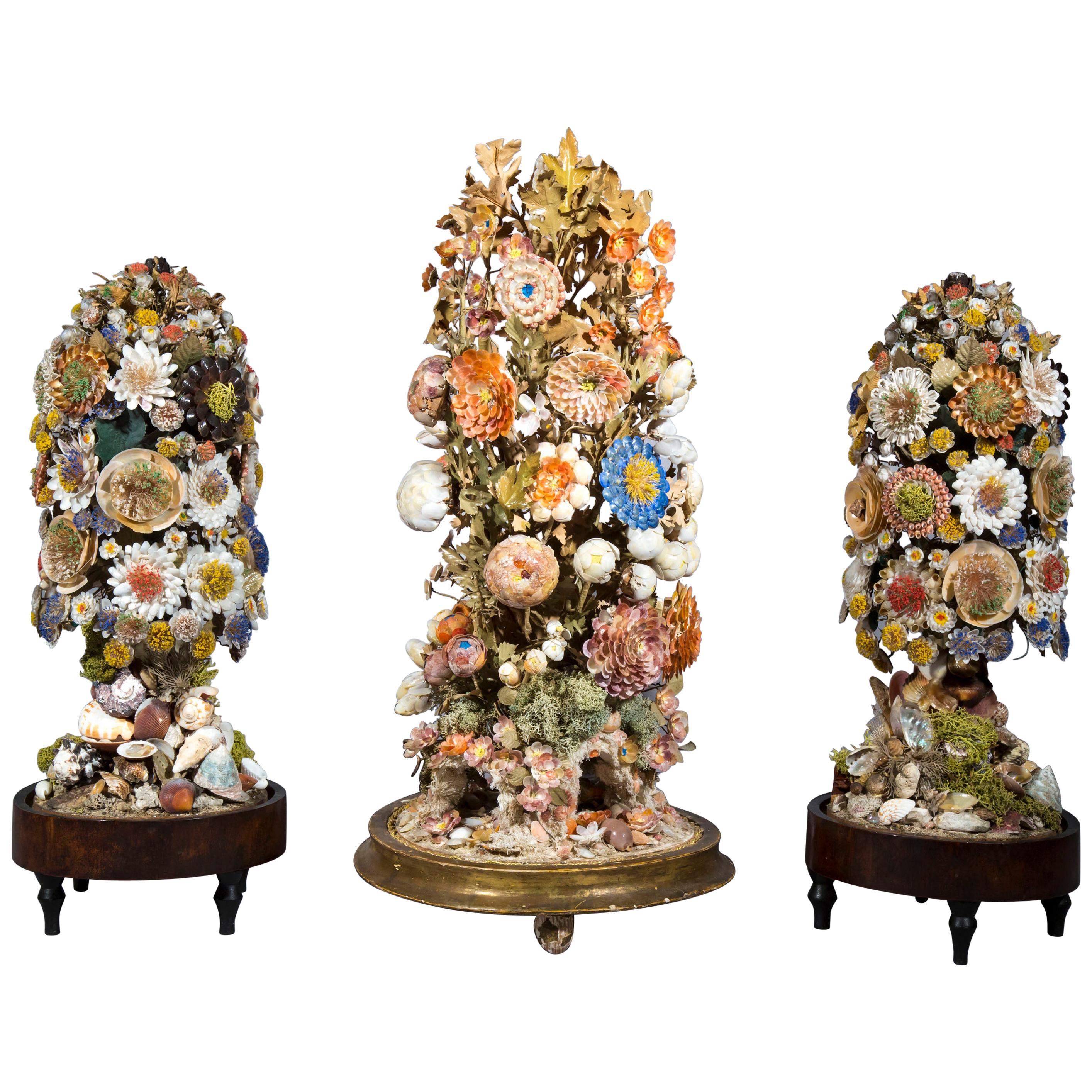 Three Victorian Shellwork Flower Arrangements