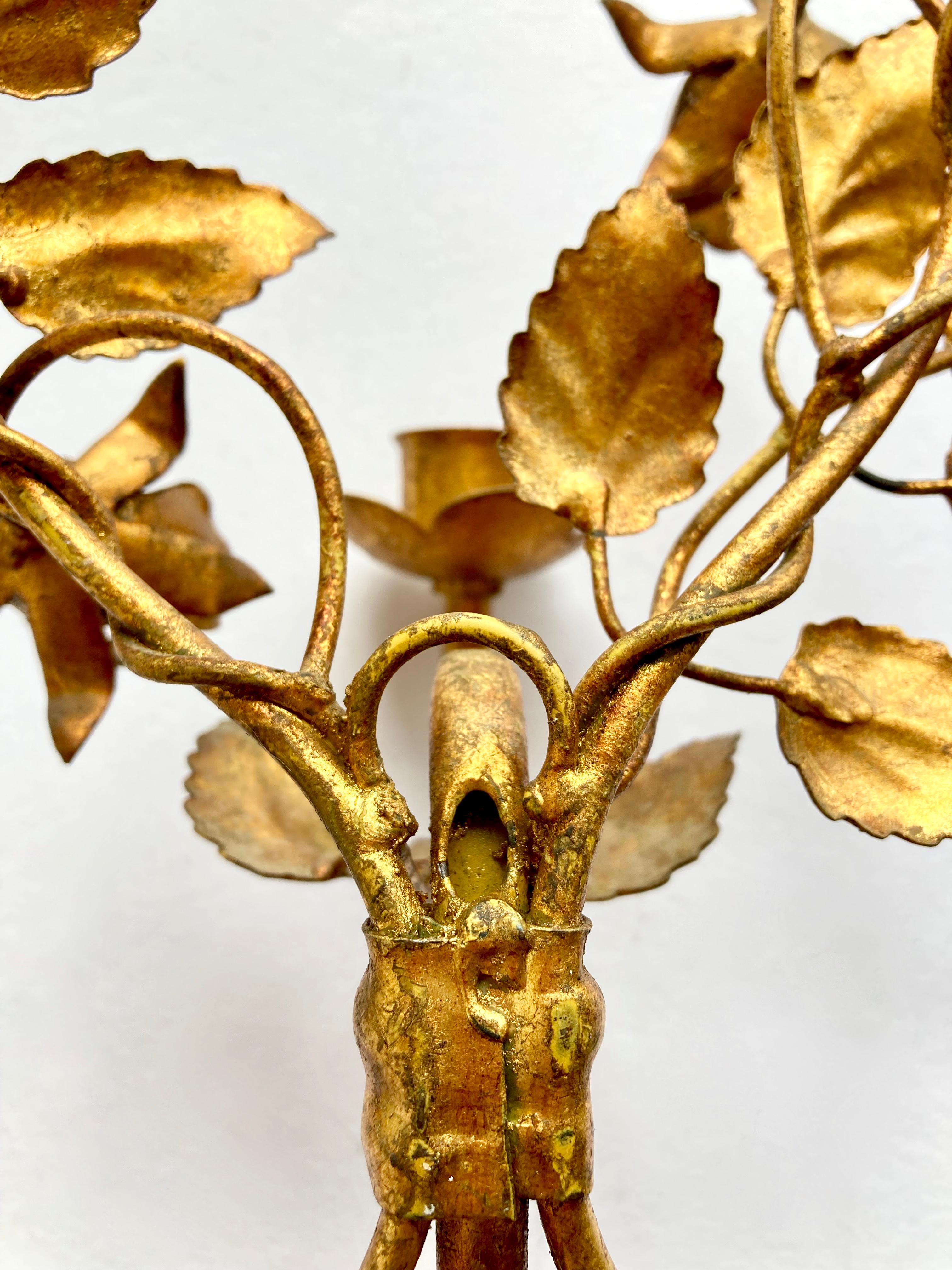 Three Vintage 1960s Italian Gilt Metal Wall Candle Sconces with Roses & Leafs For Sale 5