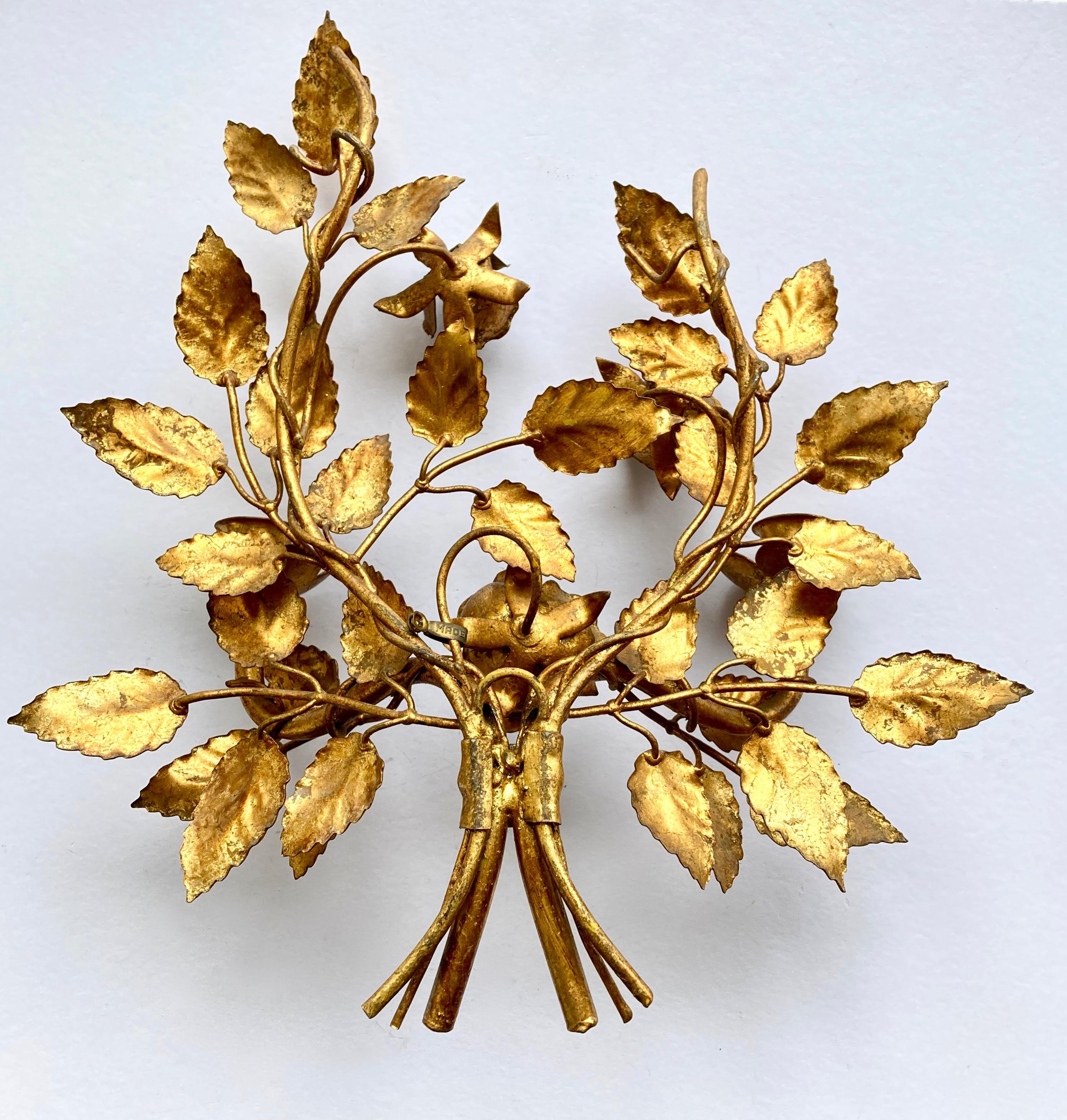 Three Vintage 1960s Italian Gilt Metal Wall Candle Sconces with Roses & Leafs For Sale 6