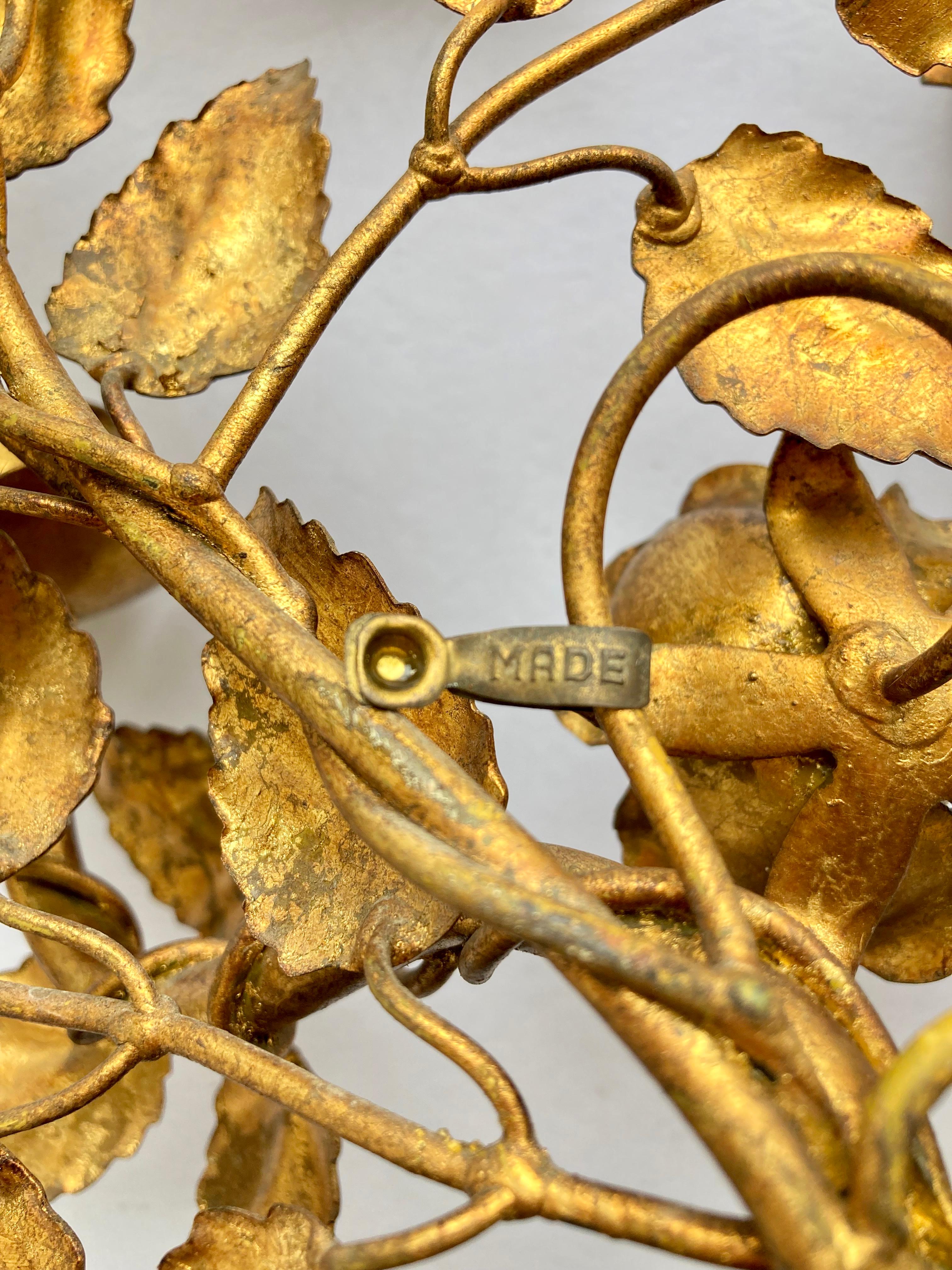 Three Vintage 1960s Italian Gilt Metal Wall Candle Sconces with Roses & Leafs For Sale 7