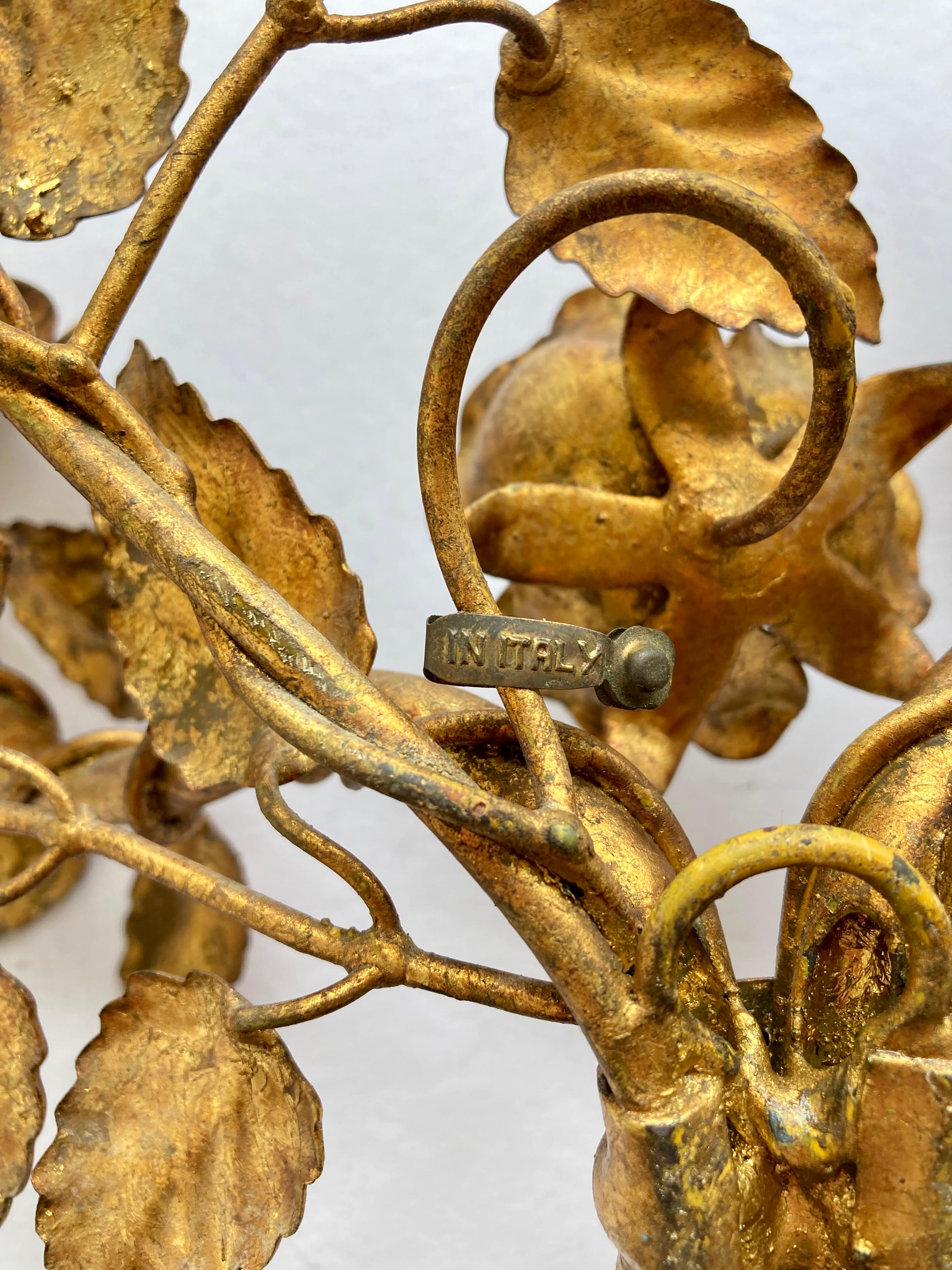 Three Vintage 1960s Italian Gilt Metal Wall Candle Sconces with Roses & Leafs For Sale 8
