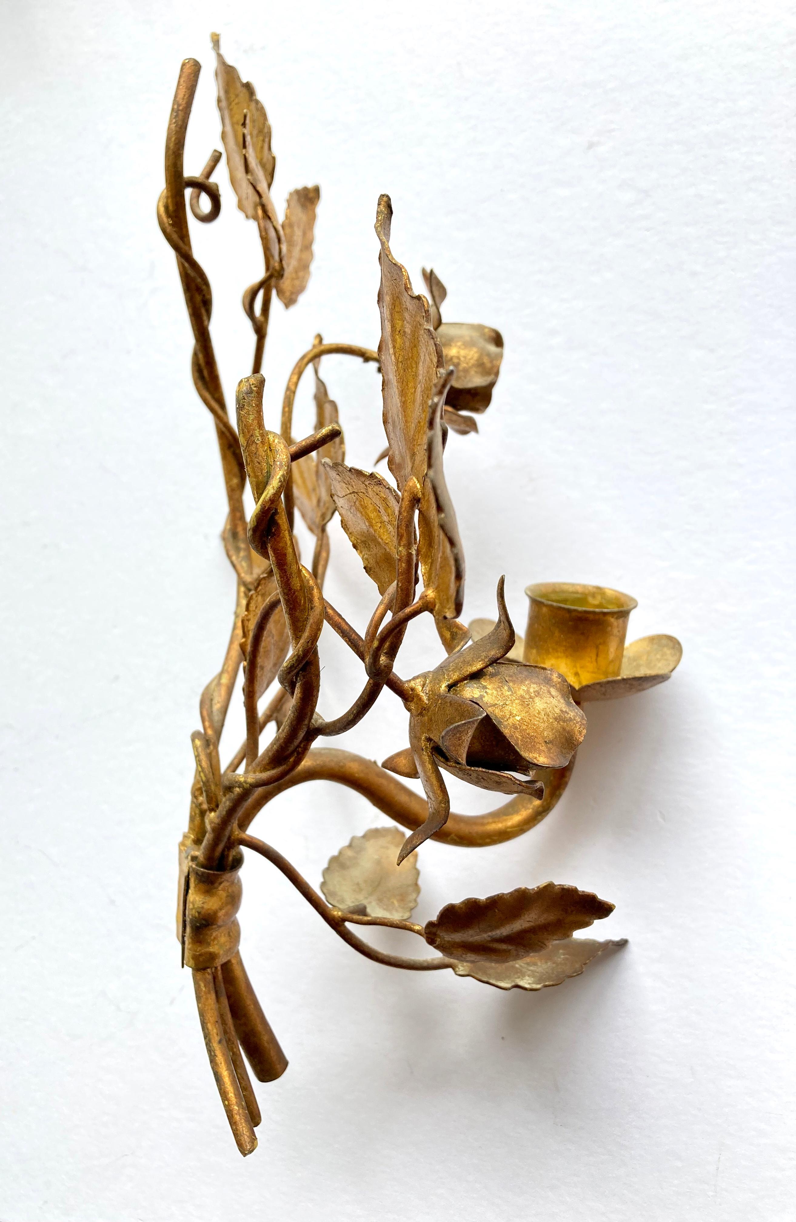 Three Vintage 1960s Italian Gilt Metal Wall Candle Sconces with Roses & Leafs For Sale 9