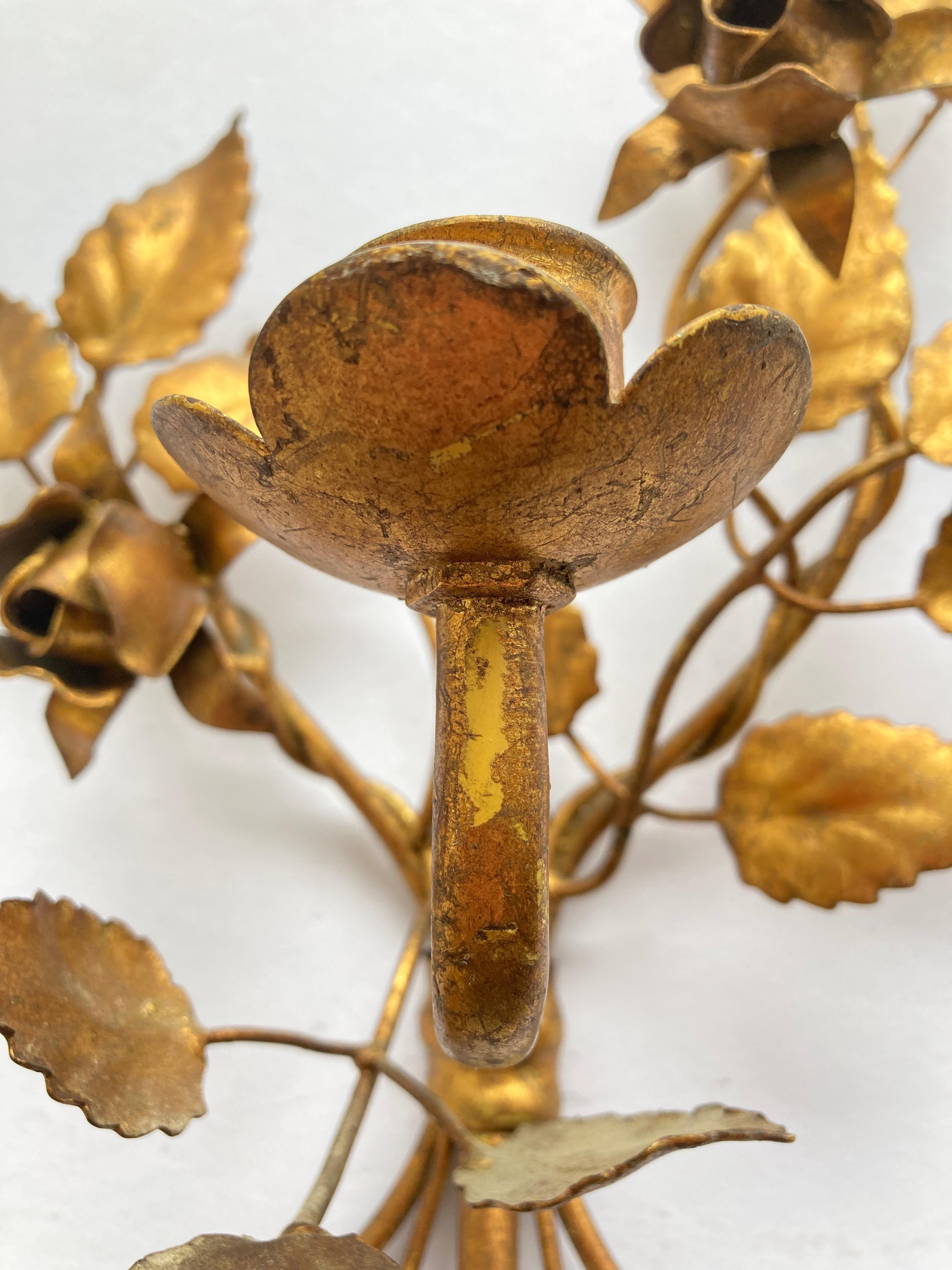 Three Vintage 1960s Italian Gilt Metal Wall Candle Sconces with Roses & Leafs For Sale 10