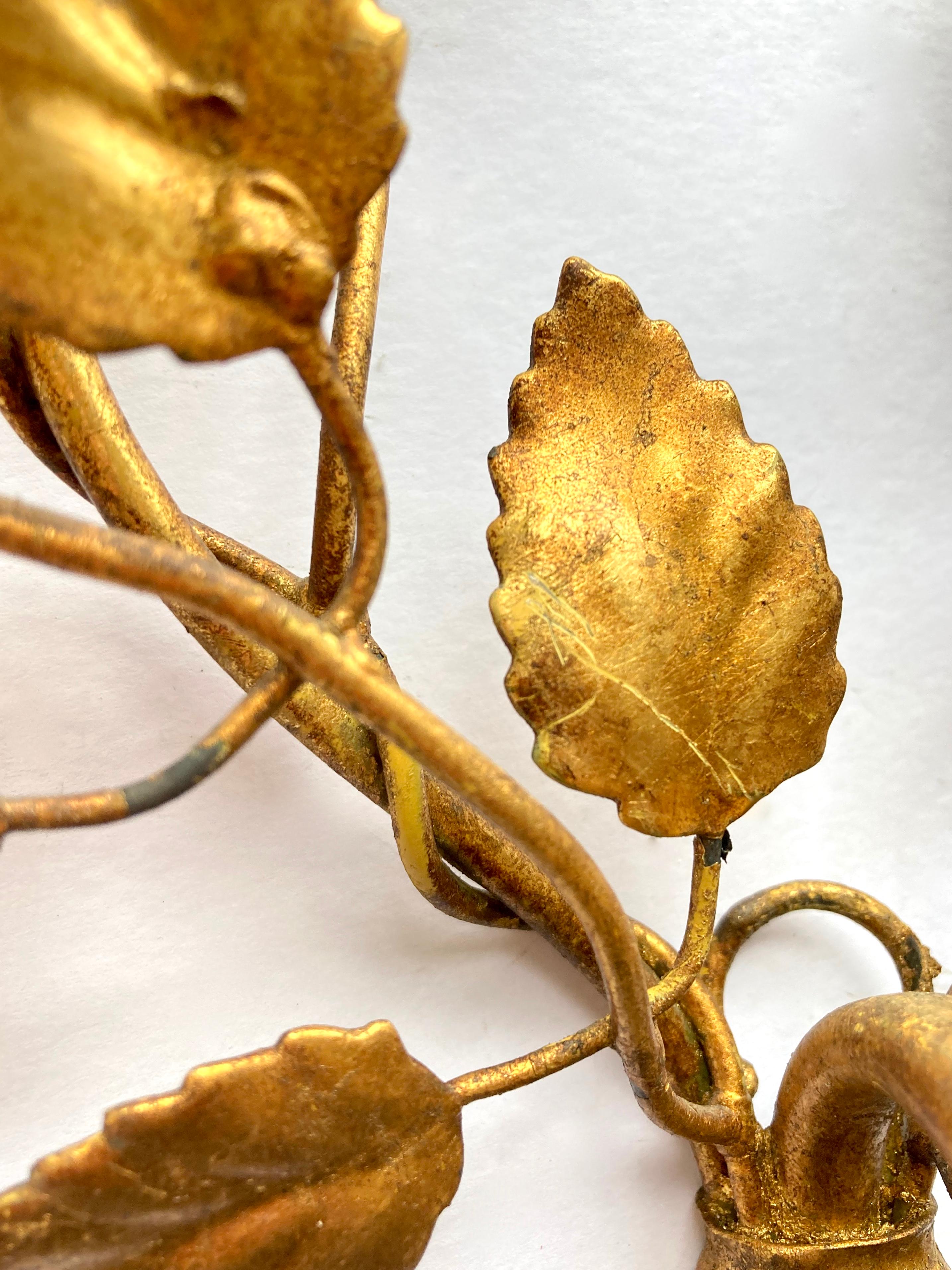 Three Vintage 1960s Italian Gilt Metal Wall Candle Sconces with Roses & Leafs For Sale 11