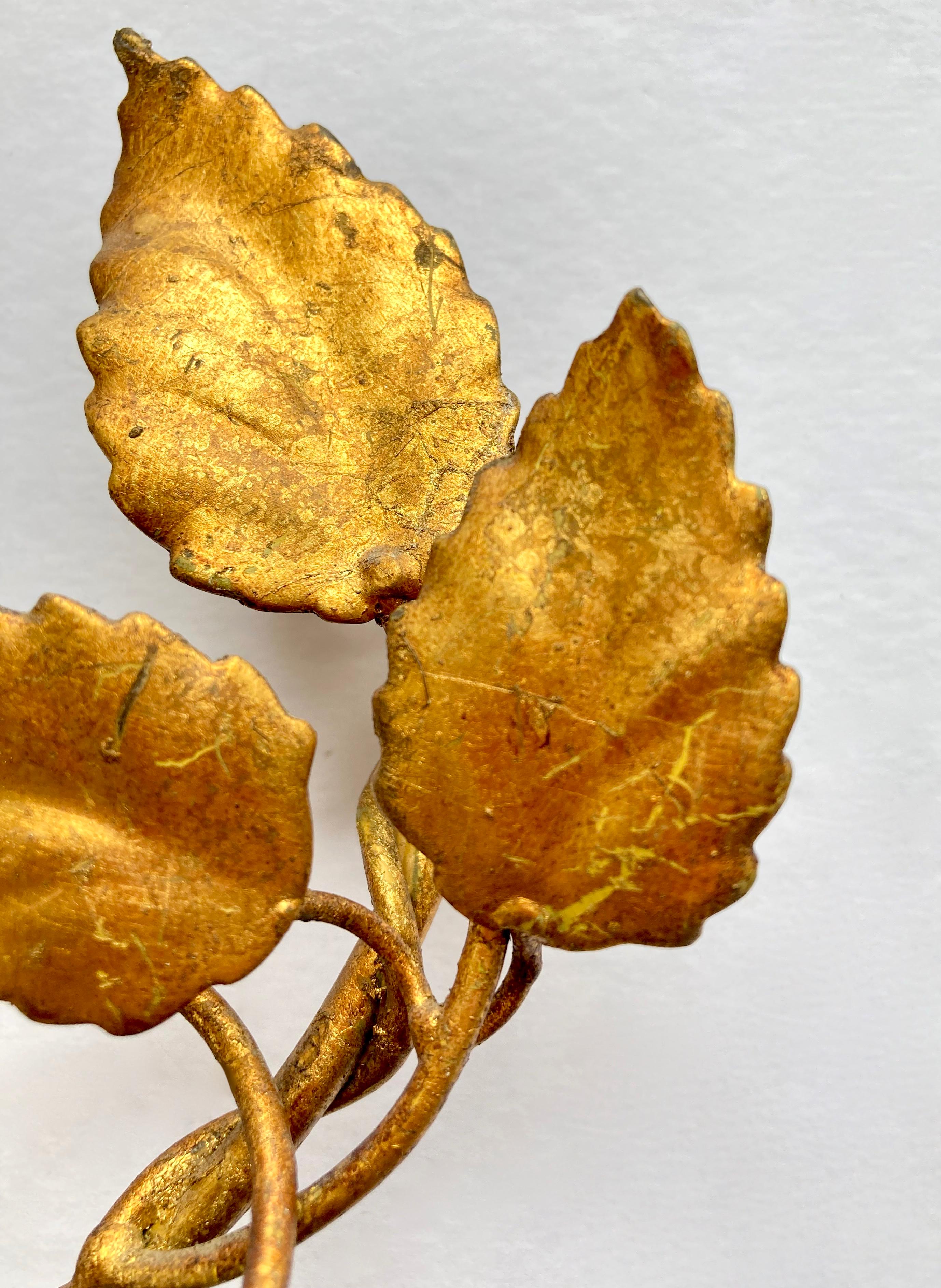 Three Vintage 1960s Italian Gilt Metal Wall Candle Sconces with Roses & Leafs For Sale 12