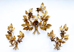 Three Vintage 1960s Italian Gilt Metal Wall Candle Sconces with Roses & Leafs