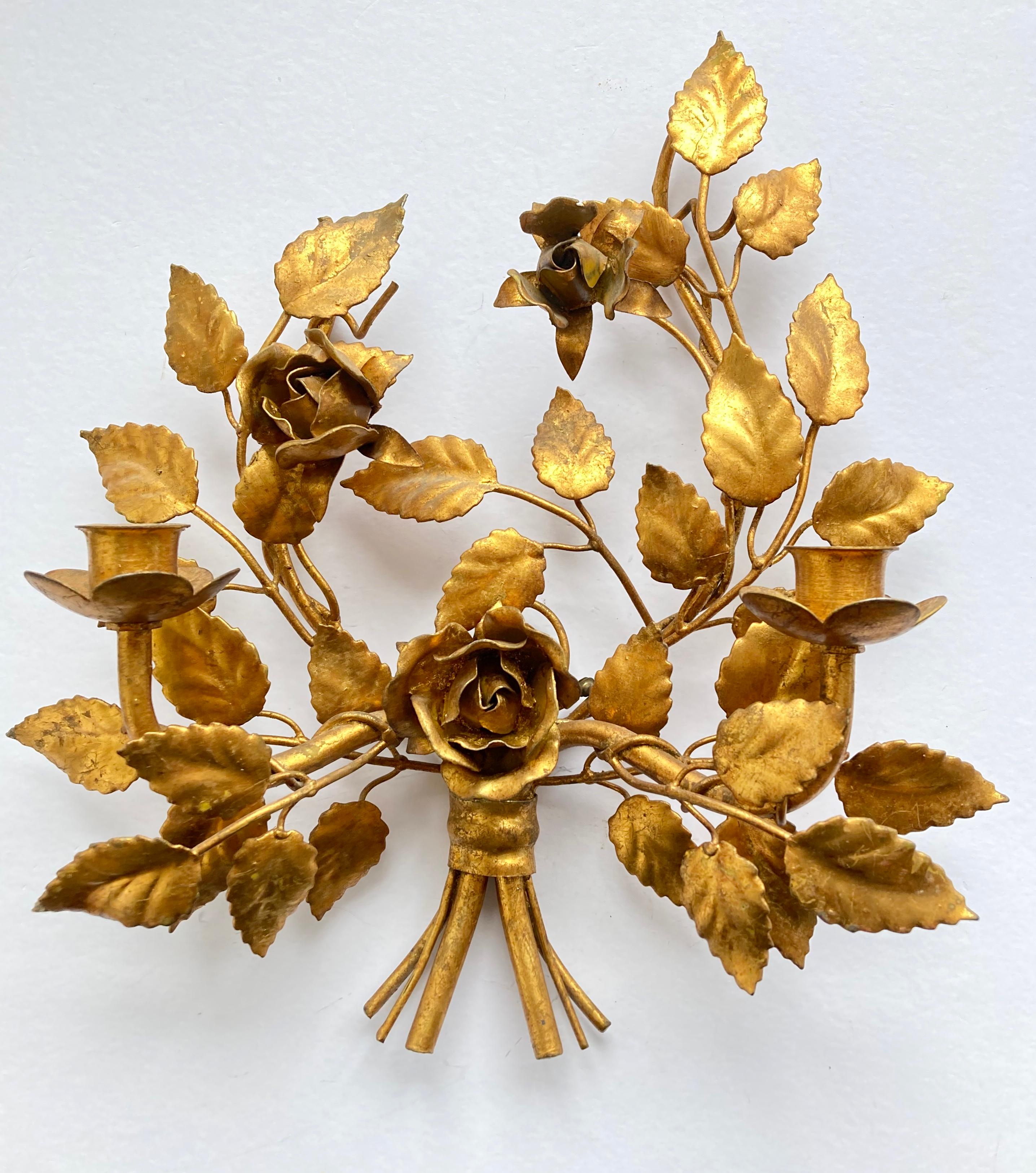 Hollywood Regency Three Vintage 1960s Italian Gilt Metal Wall Candle Sconces with Roses & Leafs For Sale