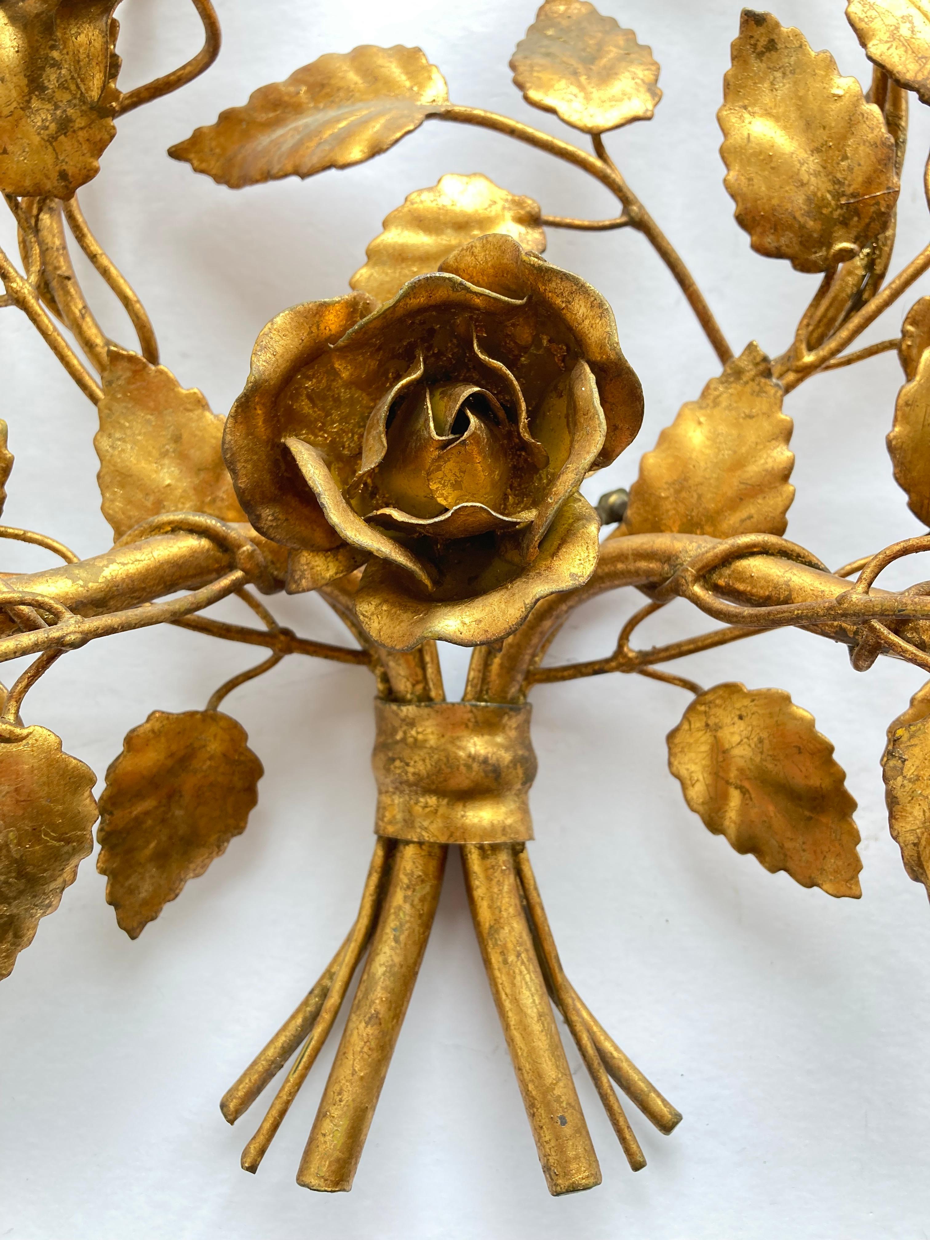 20th Century Three Vintage 1960s Italian Gilt Metal Wall Candle Sconces with Roses & Leafs For Sale