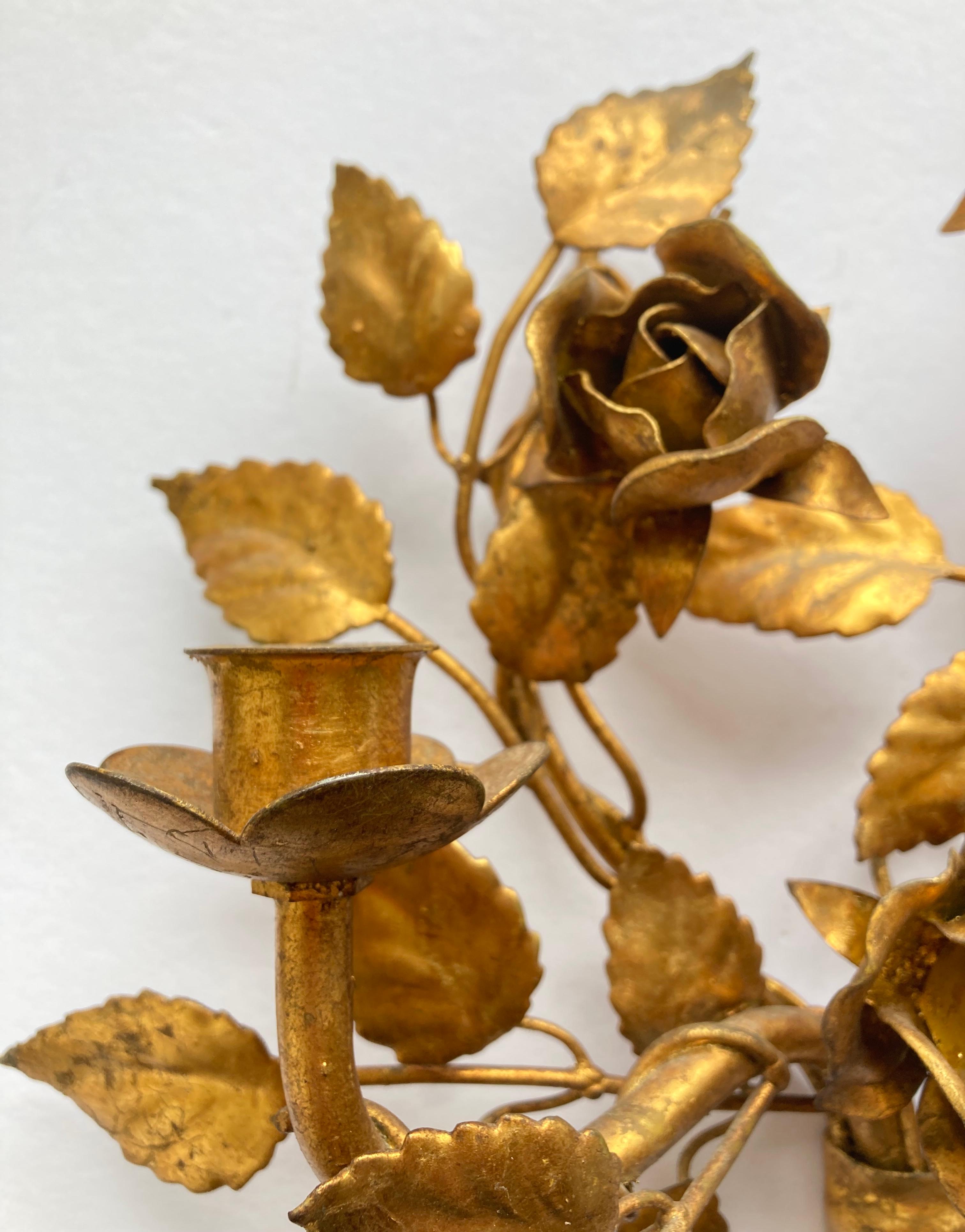 Three Vintage 1960s Italian Gilt Metal Wall Candle Sconces with Roses & Leafs For Sale 1