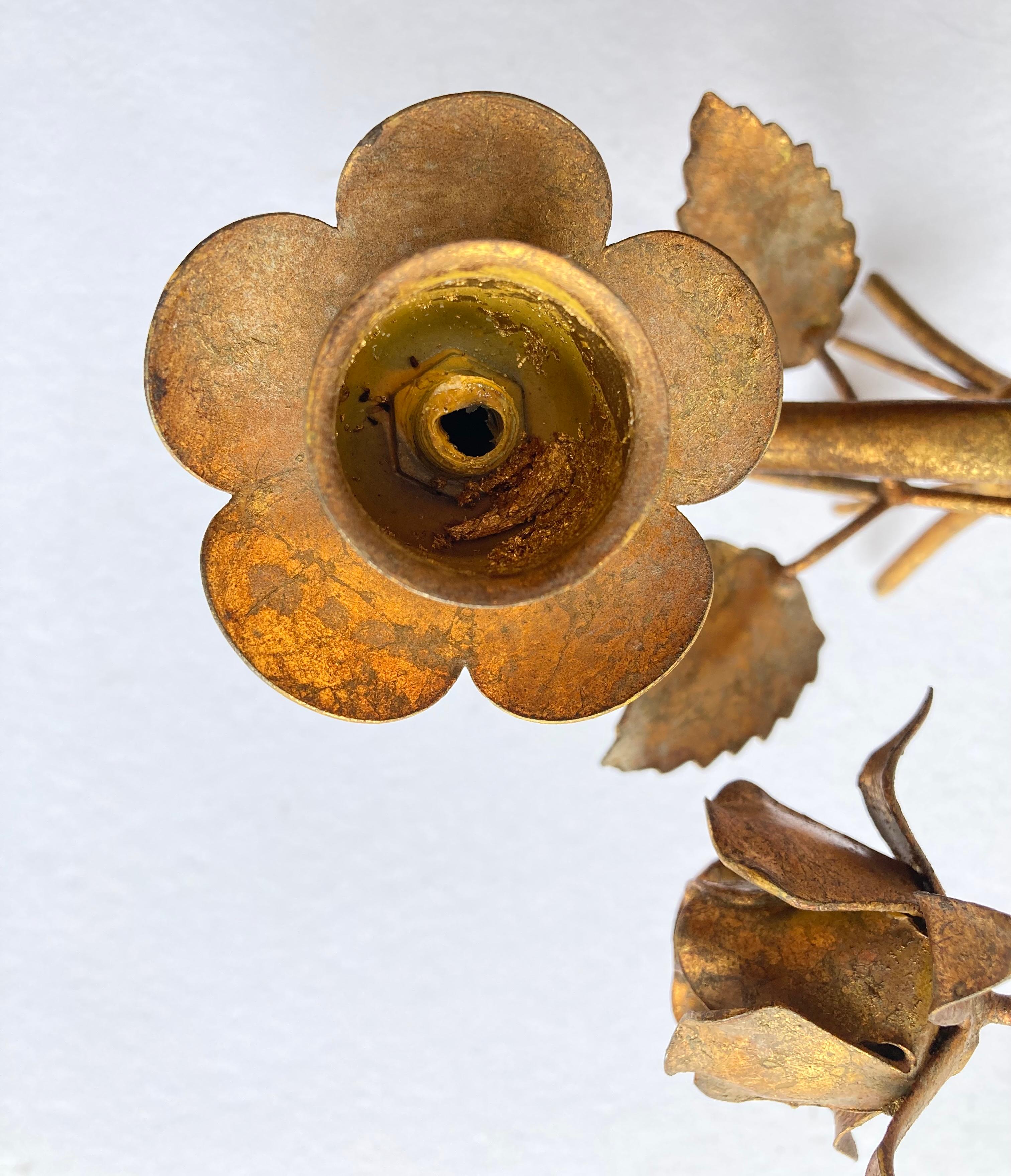 Three Vintage 1960s Italian Gilt Metal Wall Candle Sconces with Roses & Leafs For Sale 2