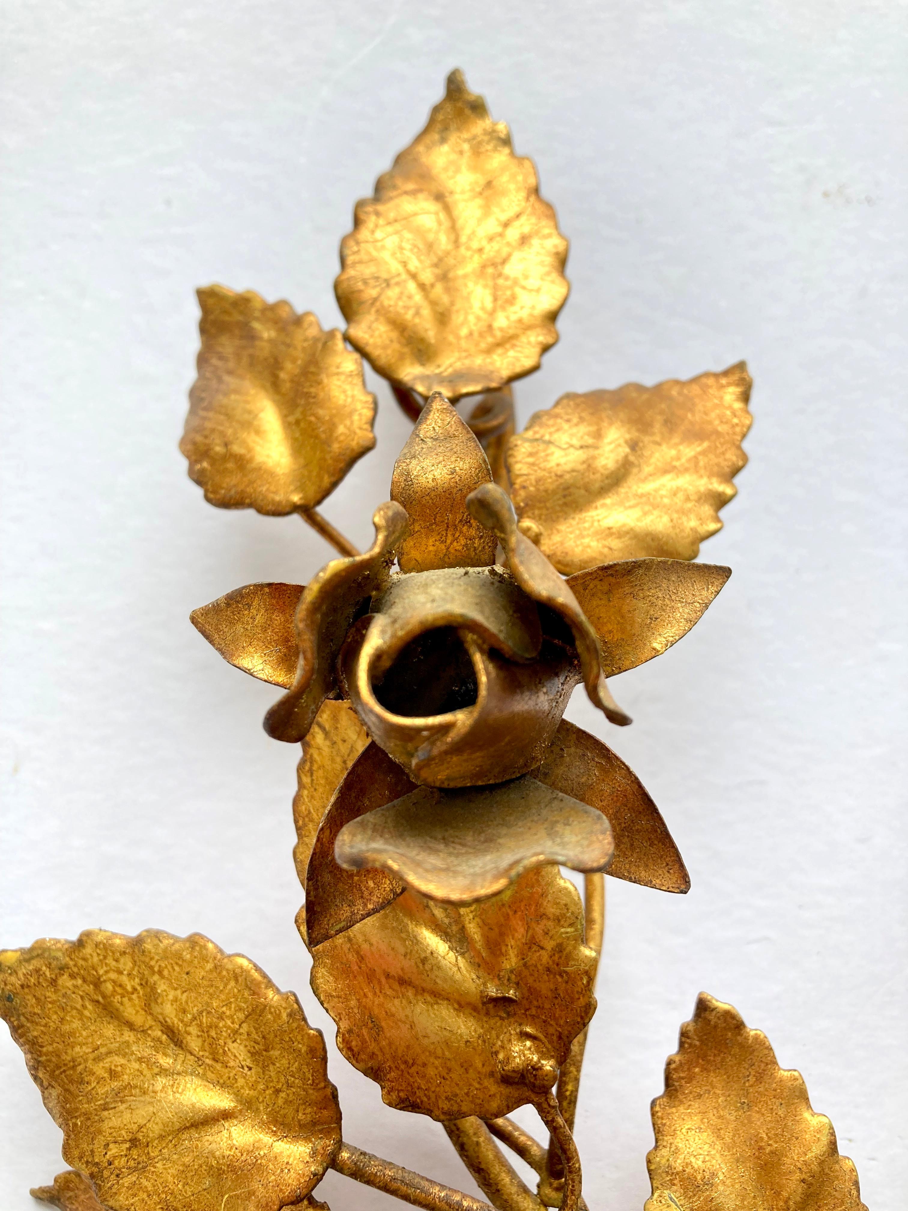 Three Vintage 1960s Italian Gilt Metal Wall Candle Sconces with Roses & Leafs For Sale 3