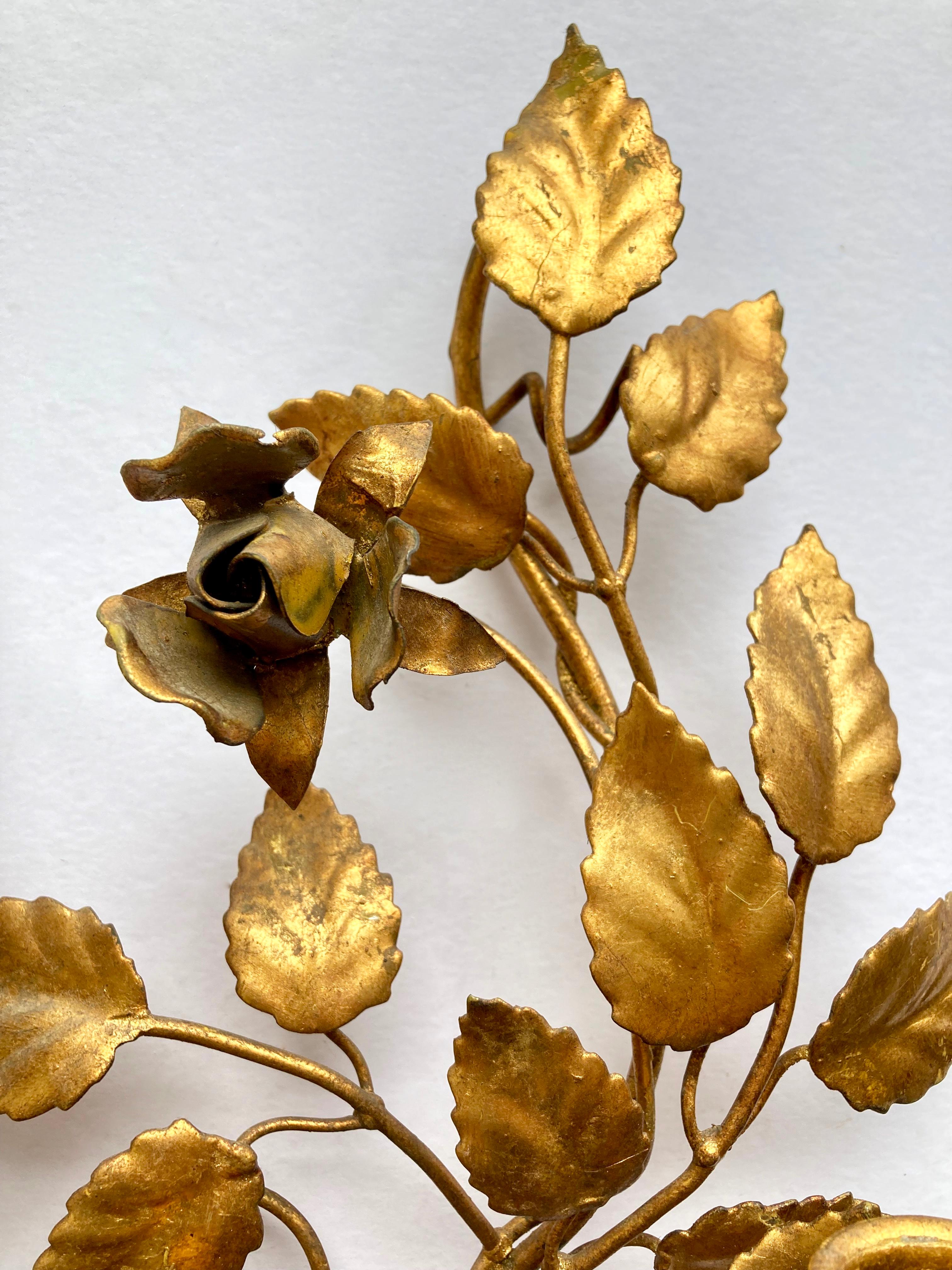Three Vintage 1960s Italian Gilt Metal Wall Candle Sconces with Roses & Leafs For Sale 4