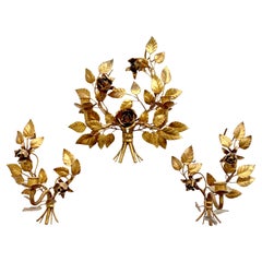 Three Vintage 1960s Italian Gilt Metal Wall Candle Sconces with Roses & Leafs