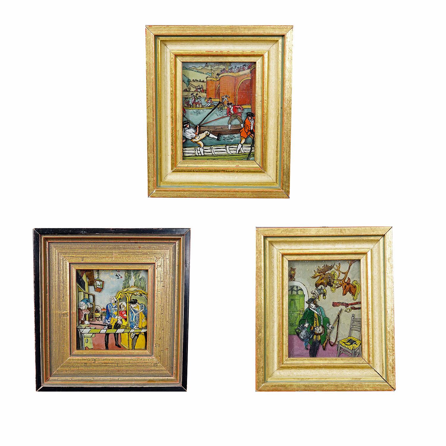 Trois tableaux vintage sous verre représentant des scènes de Biedermeier

Un ensemble de trois peintures derrière le verre représentant des scènes de la période Biedermeier. Peint à la main en Allemagne vers les années 1950 et encadré avec des