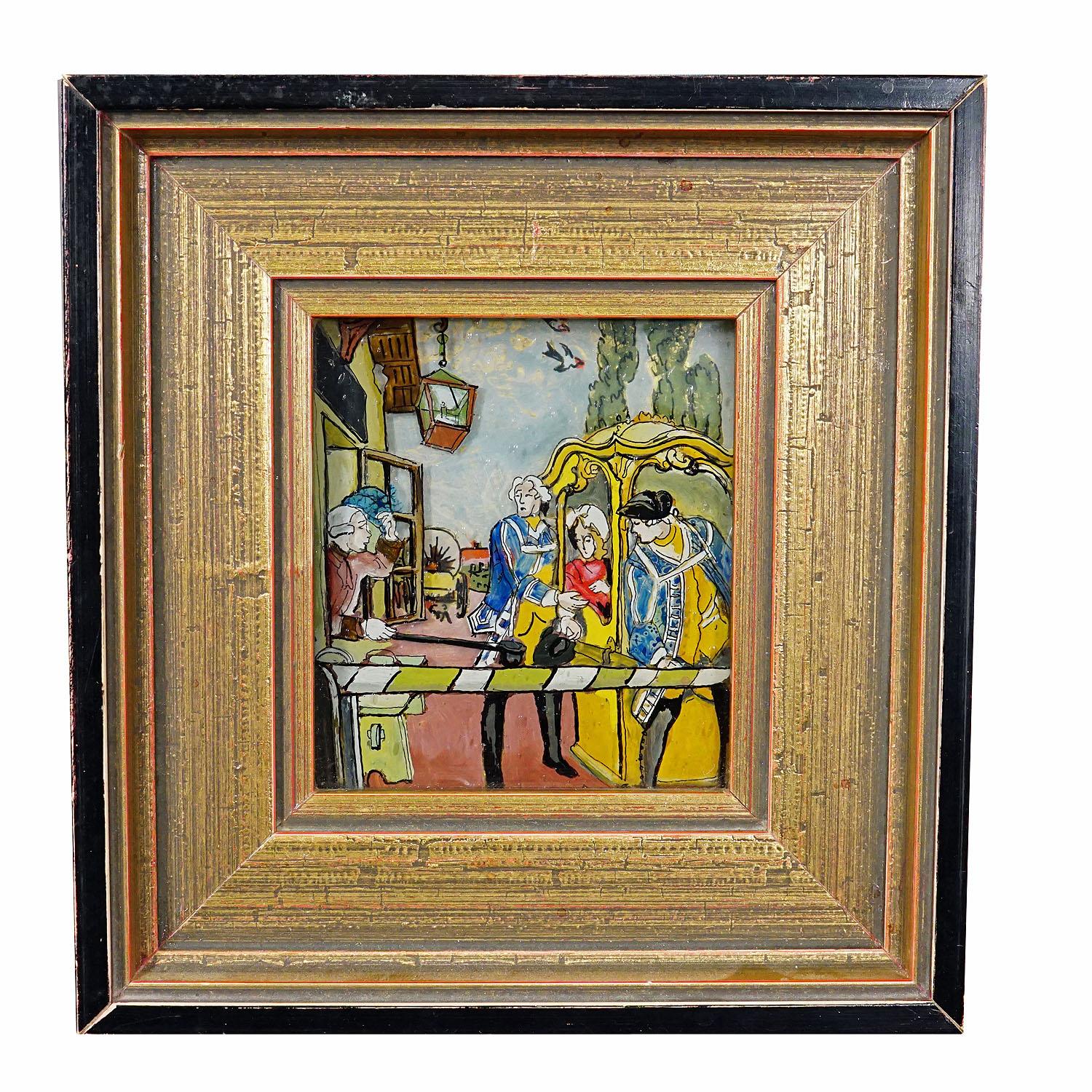 Painted Three Vintage Behind Glass Paintings with Biedermeier Scenes For Sale