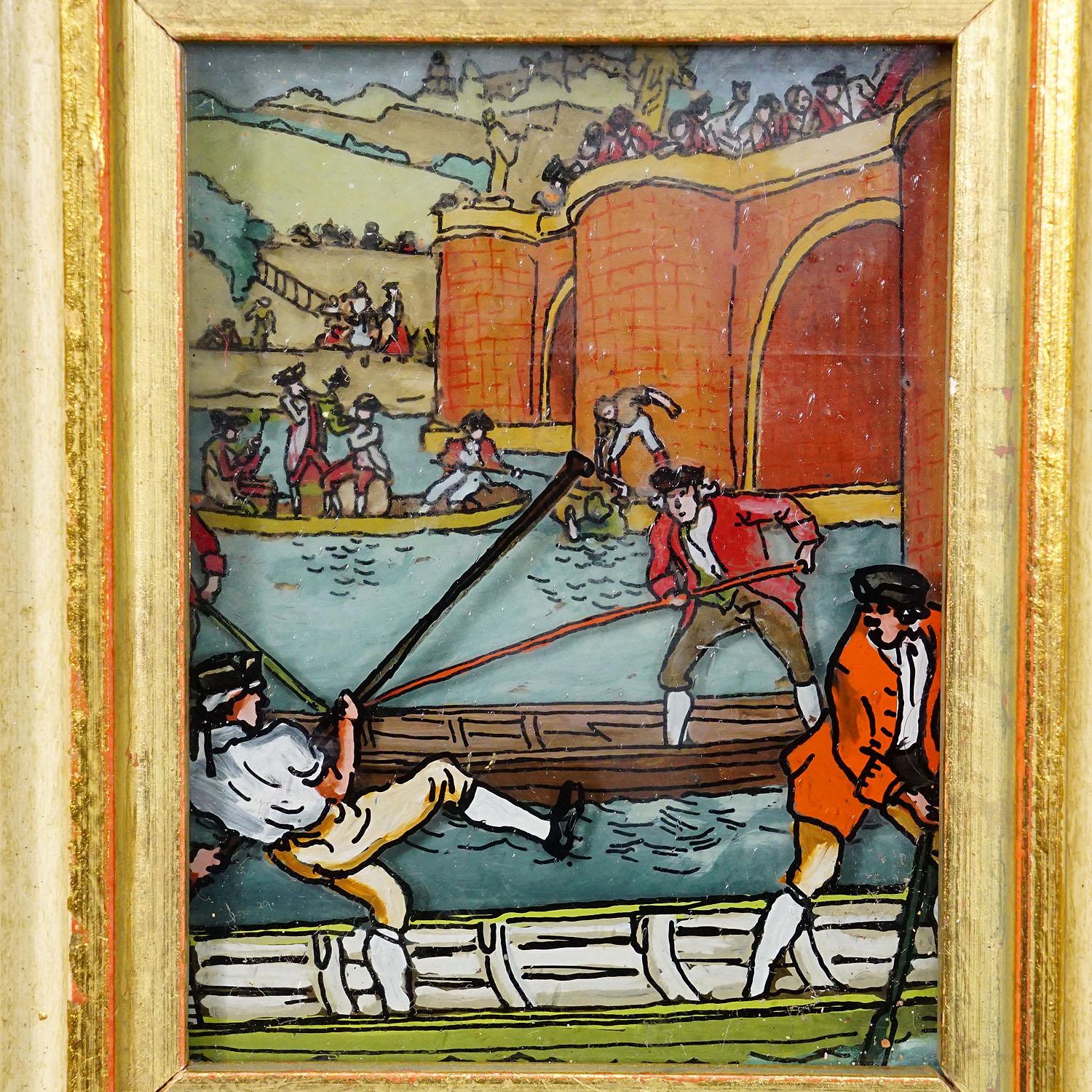 20ième siècle Trois tableaux vintage sous verre représentant des scènes de Biedermeier en vente