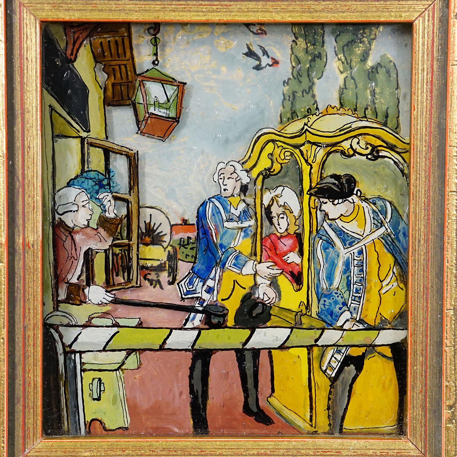 Three Vintage Behind Glass Paintings with Biedermeier Scenes For Sale 1