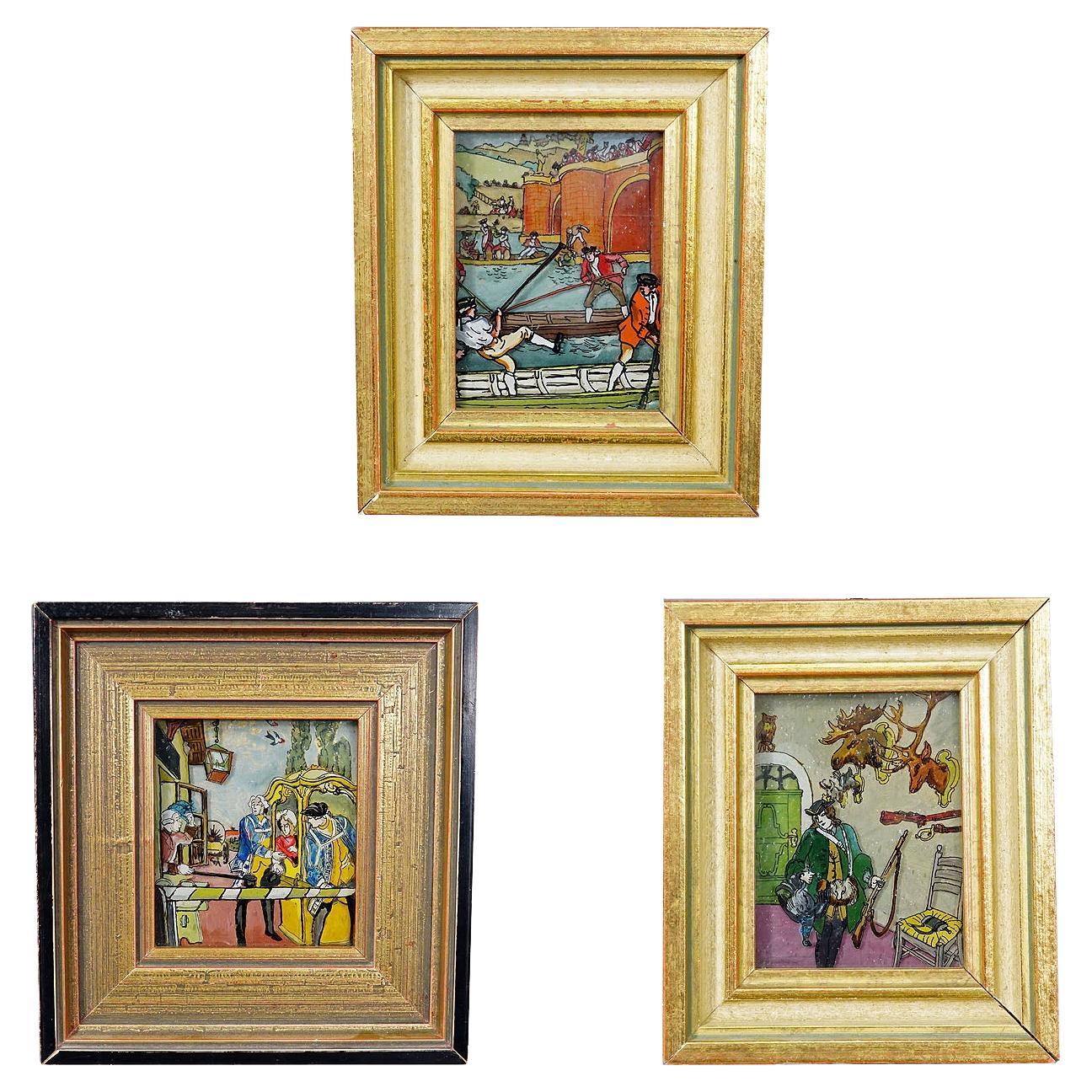Three Vintage Behind Glass Paintings with Biedermeier Scenes For Sale
