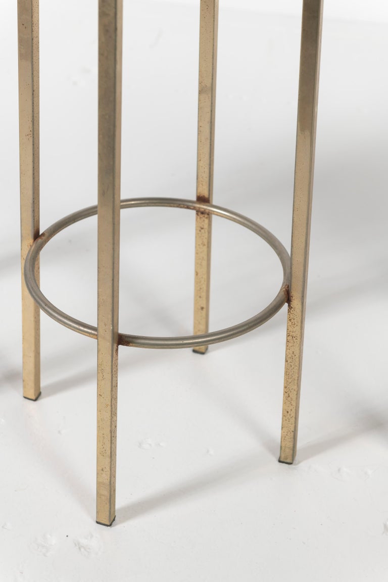 Three Vintage Black Leather Bar Stools with Metal Legs on Circular