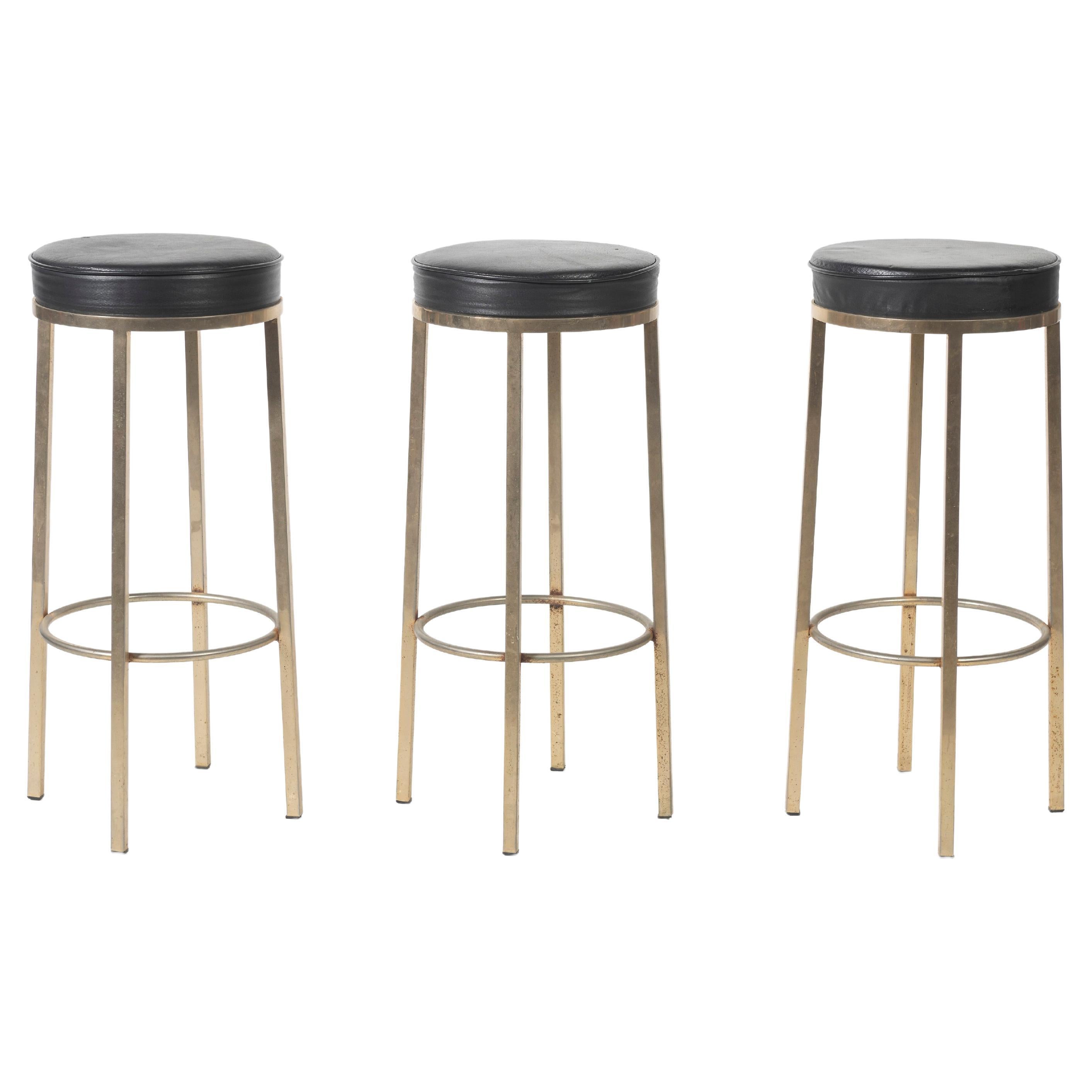 Three Vintage Black Leather Bar Stools with Metal Legs on Circular Support For Sale