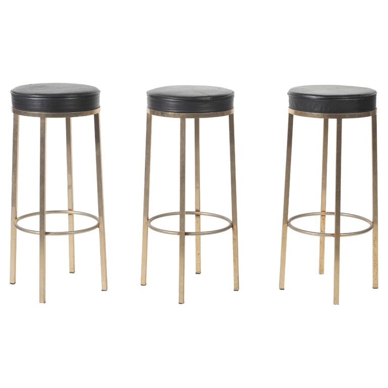 Three Vintage Black Leather Bar Stools with Metal Legs on Circular