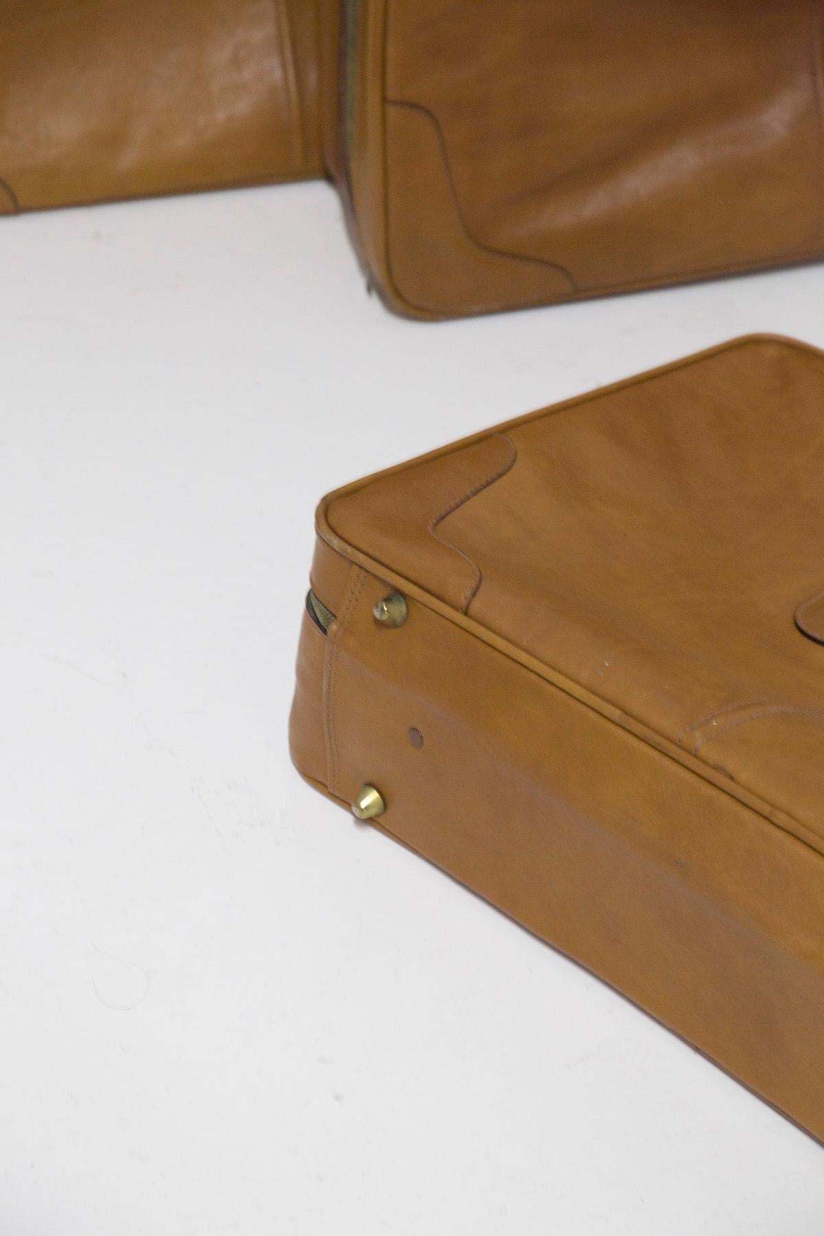 Three Vintage Camel Leather Suitcases Set For Sale 1