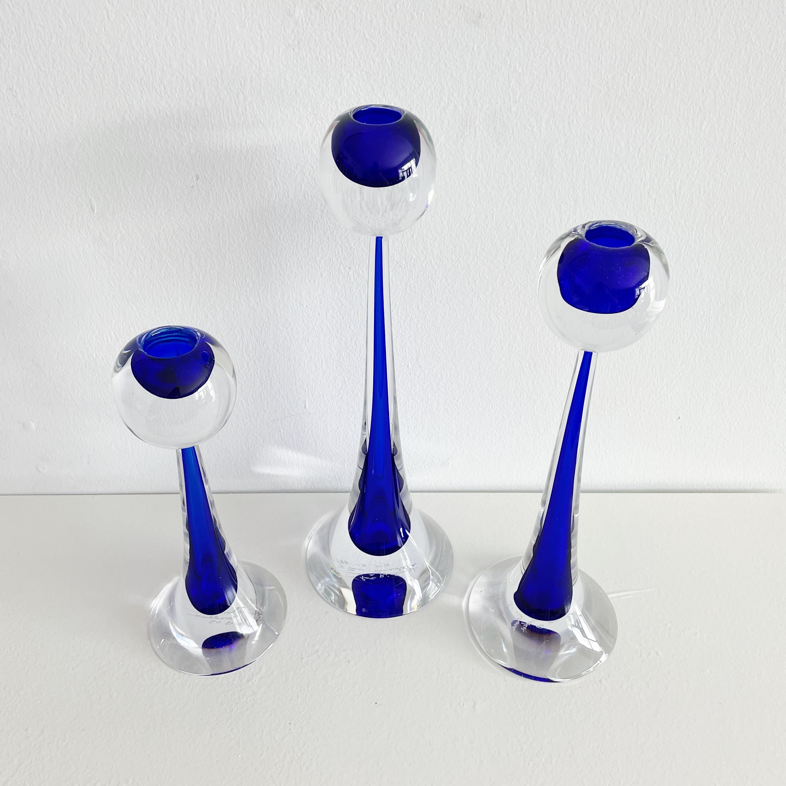 Set of three Murano Cenedese in a cobalt, Yves Klein blue color, sommerso candle holders in graduating sizes. All signed on underside 