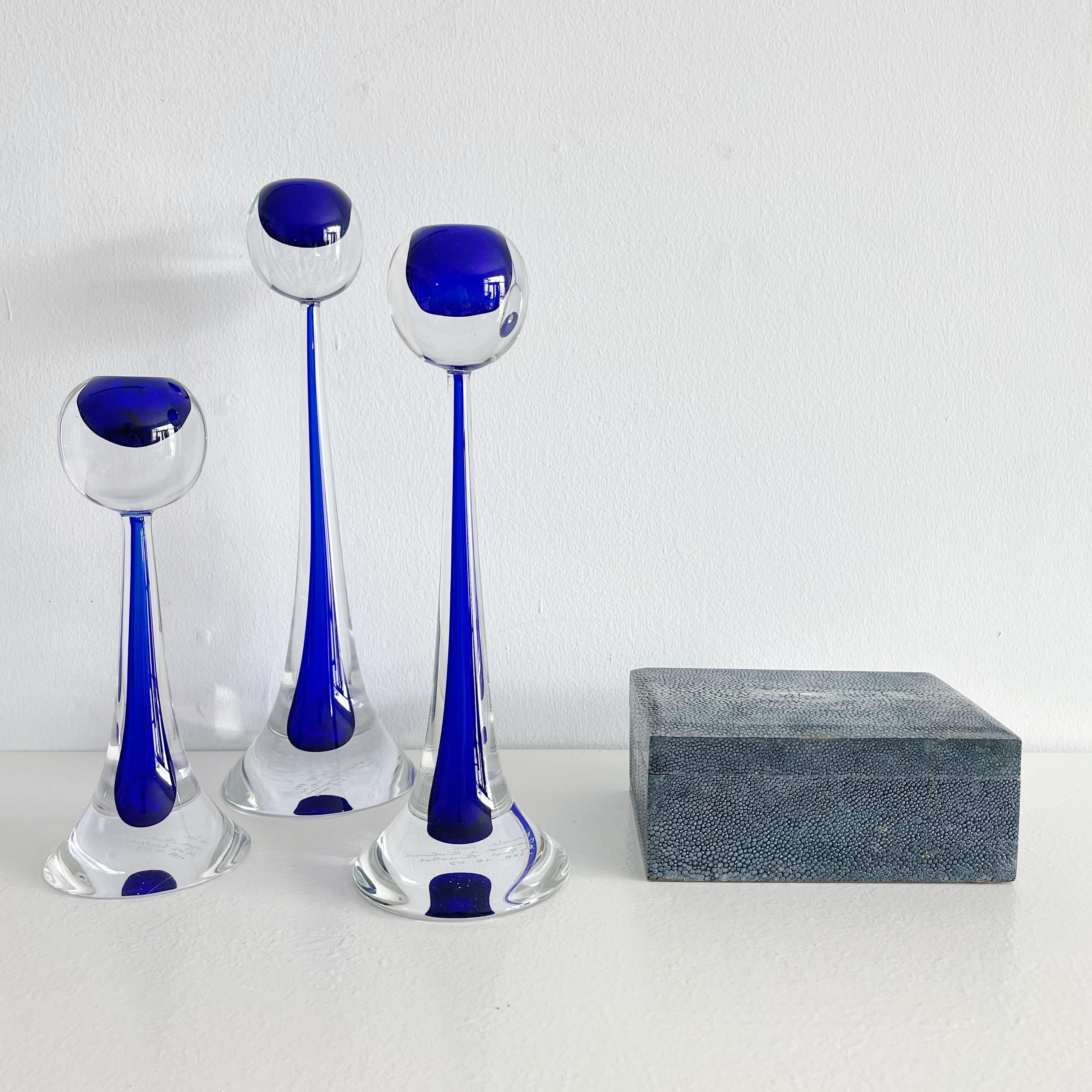 Hand-Crafted Three Vintage Cenedese Murano Cobalt Blue Signed Sommerso Murano Candle Holders