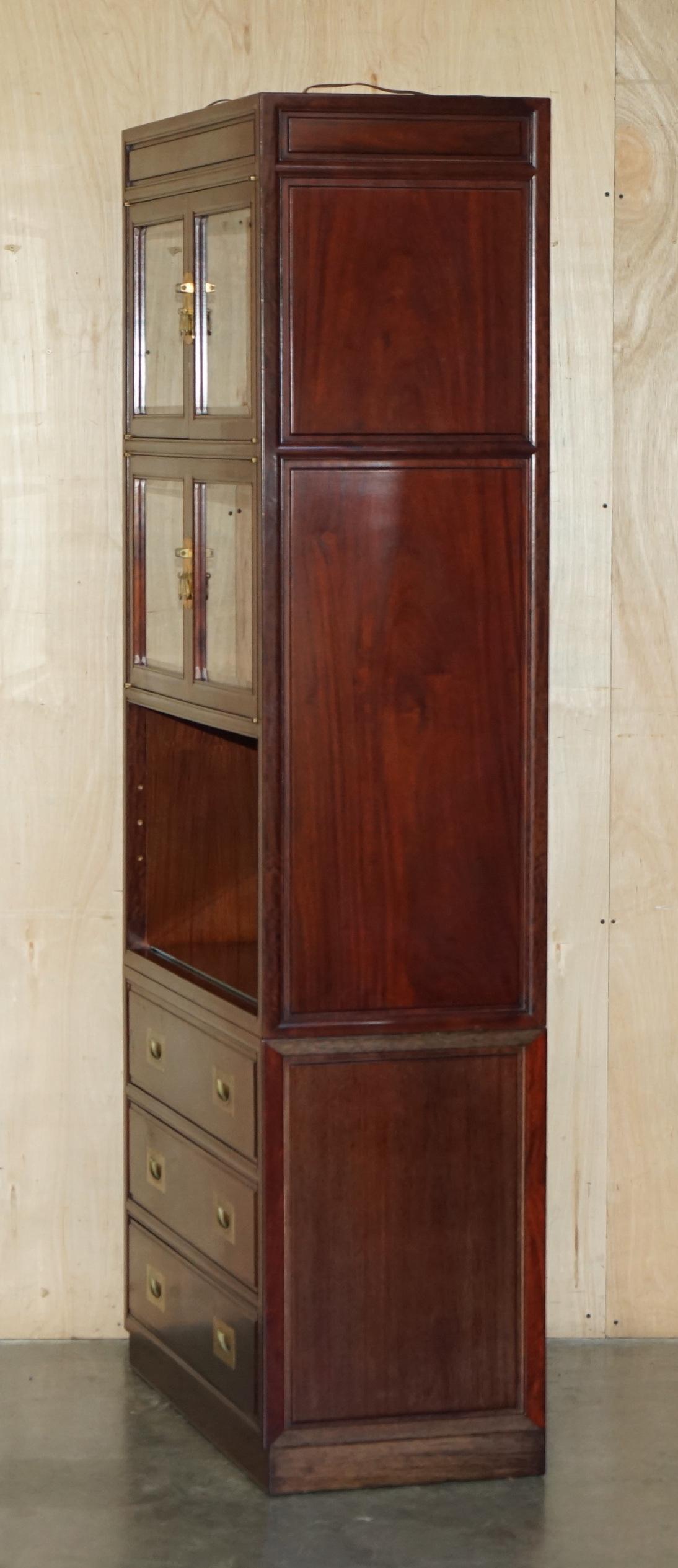 Hand-Crafted THREE VINTAGE CHINESE HARDWOOD MILITARY CAMPAIGN BOOKCASE DRINKS CABINET DRAWERs For Sale